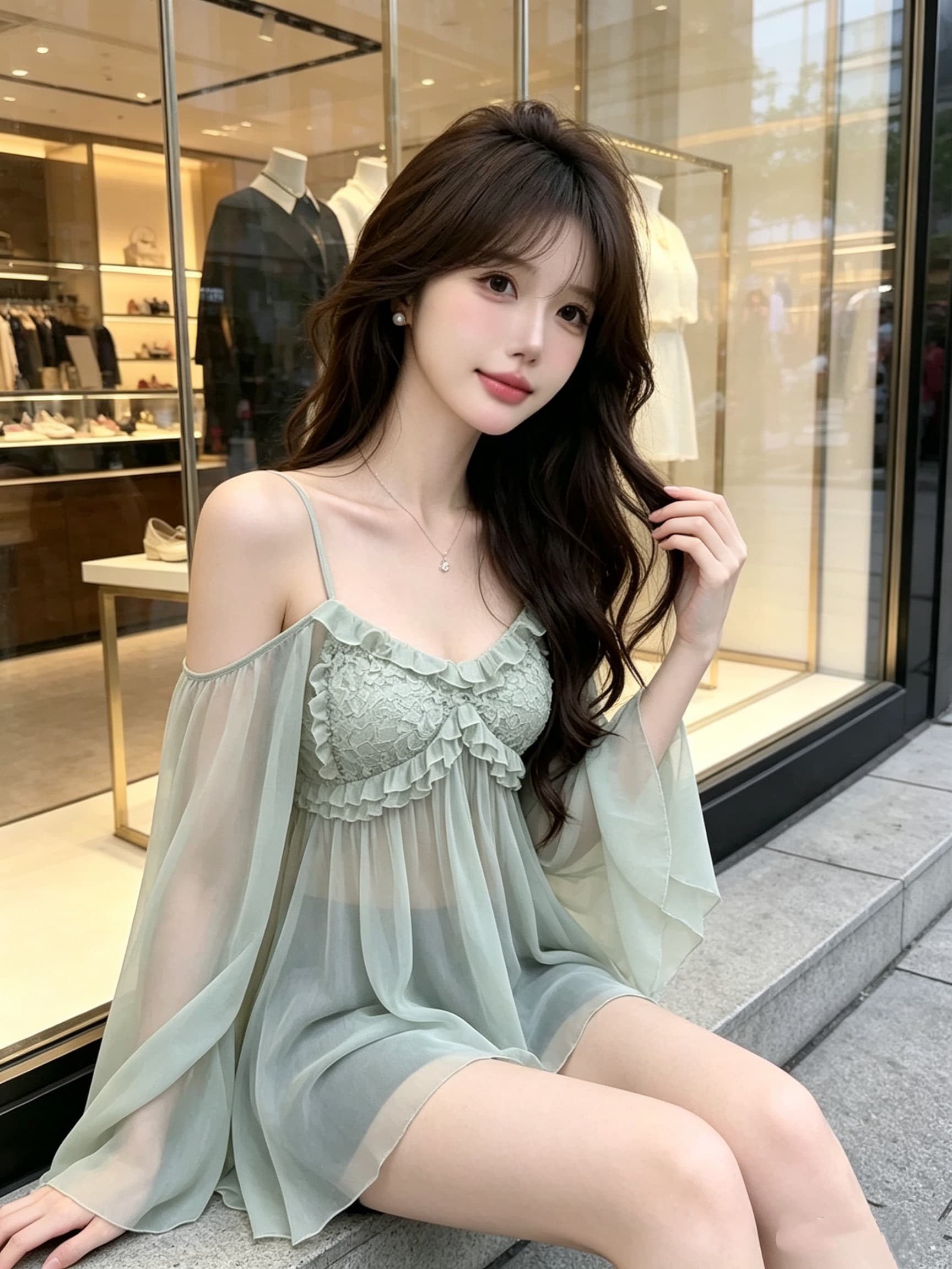 실사 정가 순수한 욕망 섹시함 레이스 오프숄더 캐미솔 여성 가을 새로운 프릴 나팔 소매 쉬폰 블라우스 상세 이미지 15
