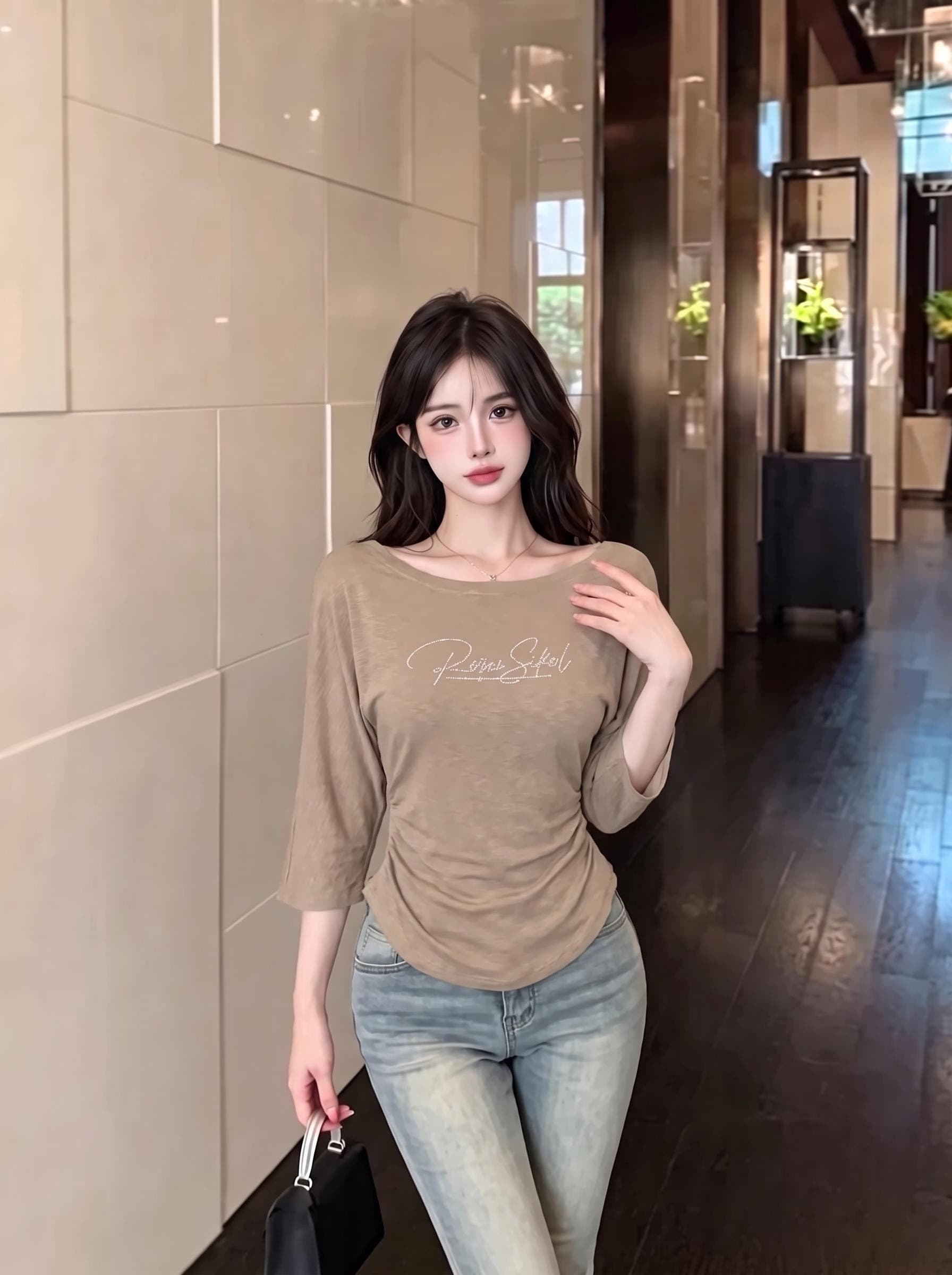 실사 정가 보트넥 플래시 훈련 알파벳 긴팔 티셔츠 측면 주름 허리 수축 슬림해 보이는 순수한 욕망 쇼트 스타일 맨위 이미지 2