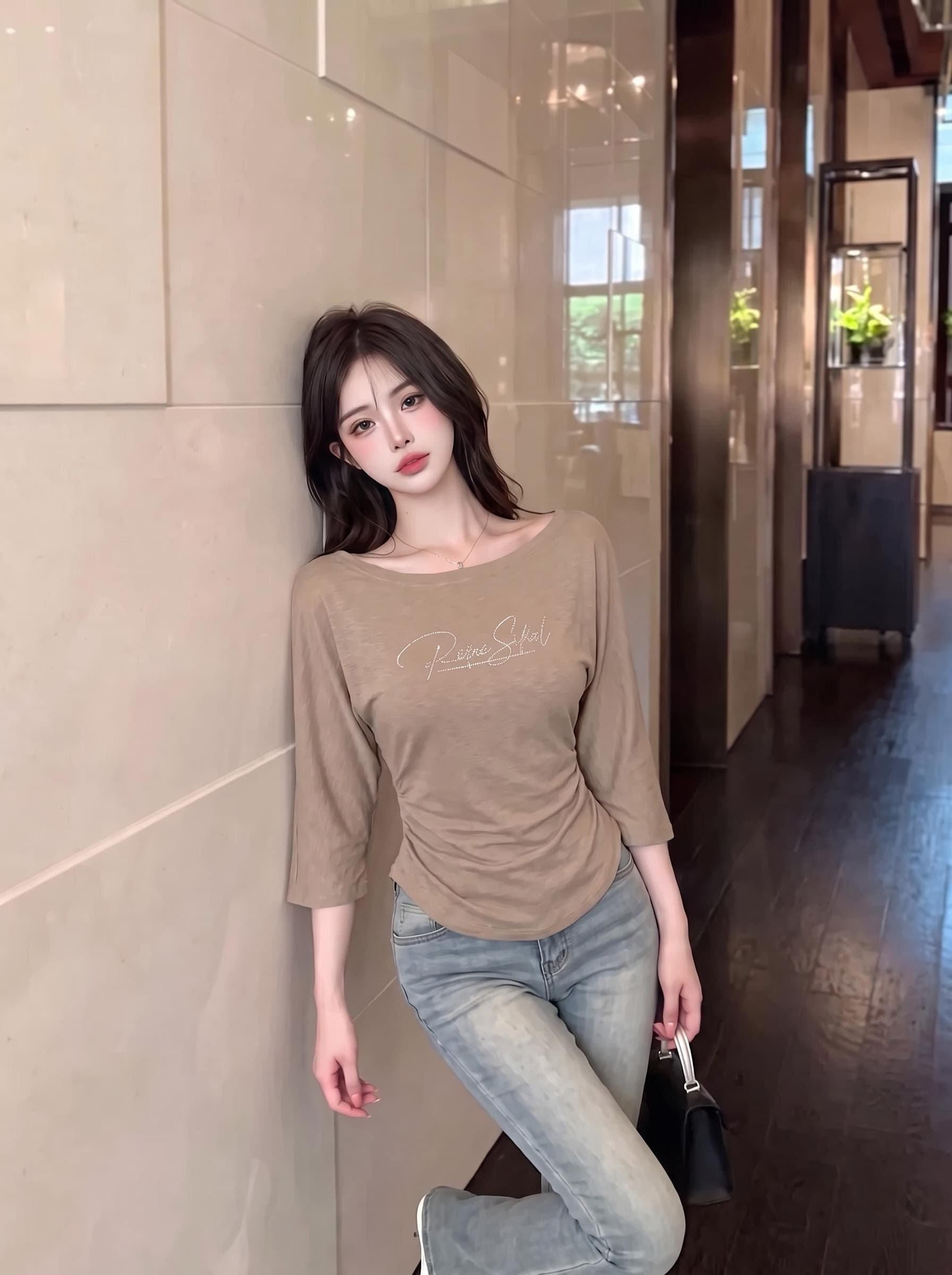 실사 정가 보트넥 플래시 훈련 알파벳 긴팔 티셔츠 측면 주름 허리 수축 슬림해 보이는 순수한 욕망 쇼트 스타일 맨위 상세 이미지 14
