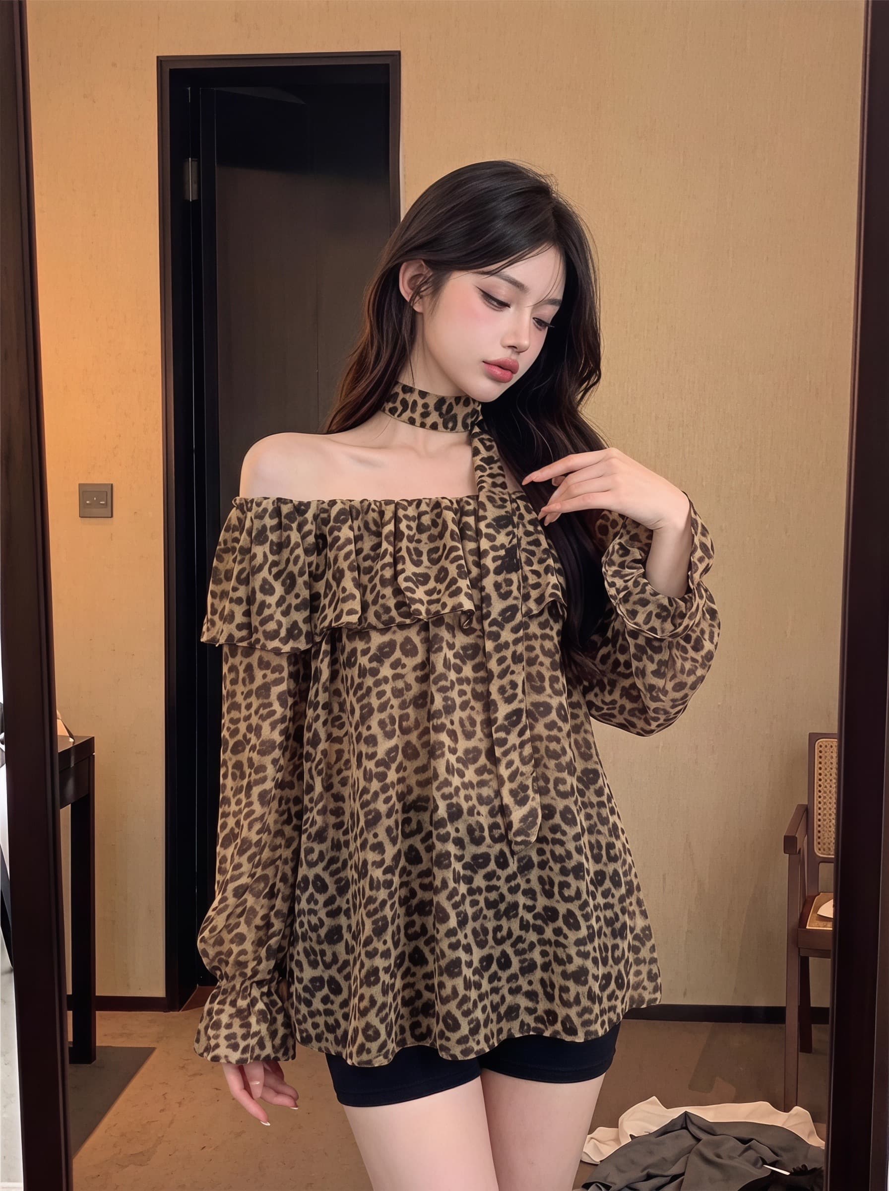 실사 정가 핫걸 바람 오프숄더 보트넥 긴 소매 셔츠 벨트 포함 허리 수축 슬림해 보이는 프릴 쉬폰 작은 셔츠 상세 이미지 1