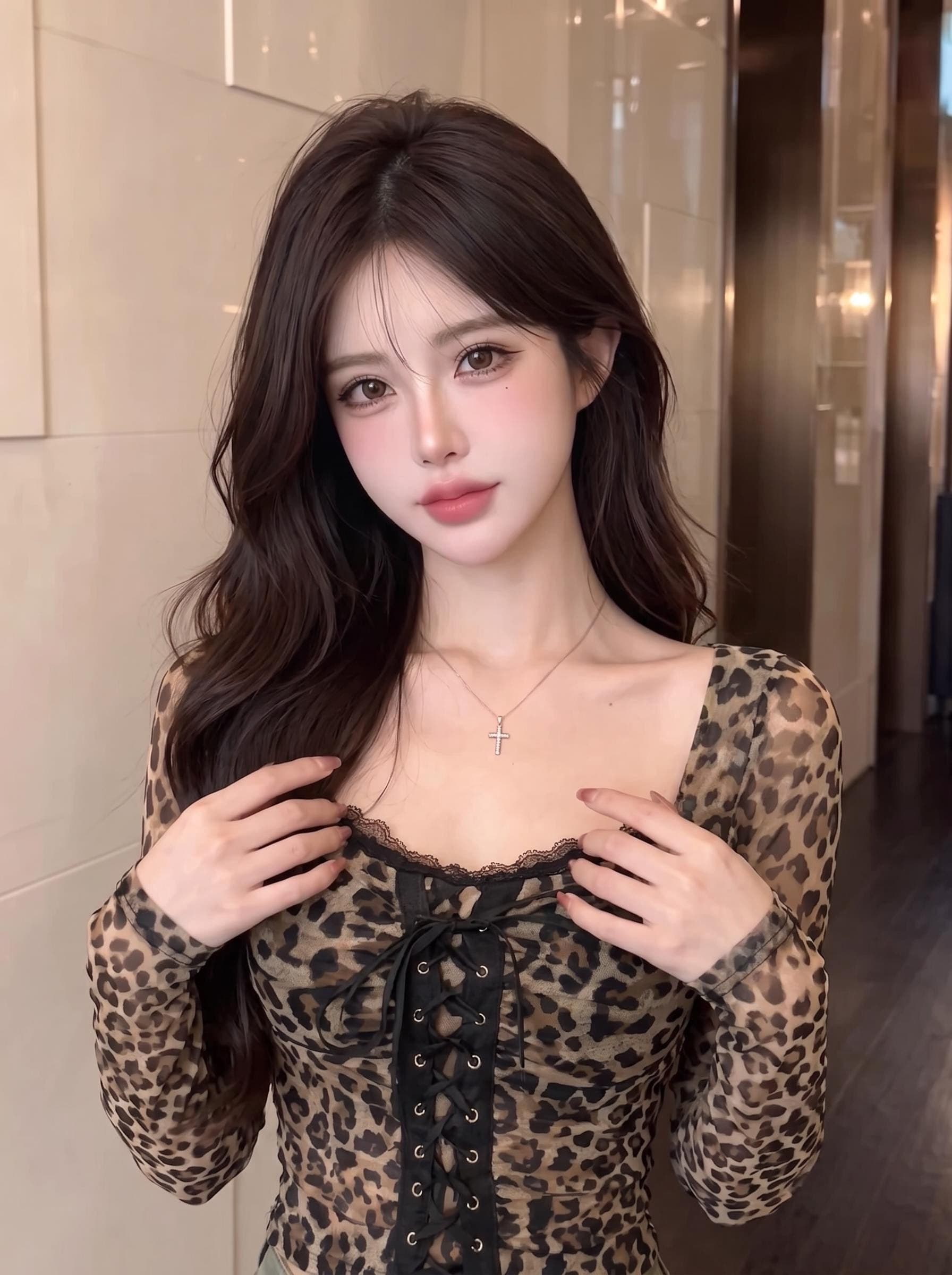 실사 정가 순수한 욕망 광장 칼라 레오파드 무늬 긴팔 티셔츠 레이스 레이스 스트랩 허리 수축 타이트 망사 핫걸 맨위 상세 이미지 6
