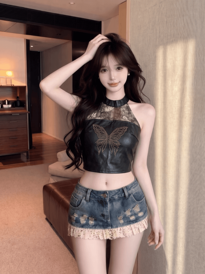 실사 정가 순수한 욕망 행침 목 피질 캐미솔 레이스 조각 핫픽스 나비 쇼트 스타일 이슬 허리 튜브탑 맨위 상세 이미지 1