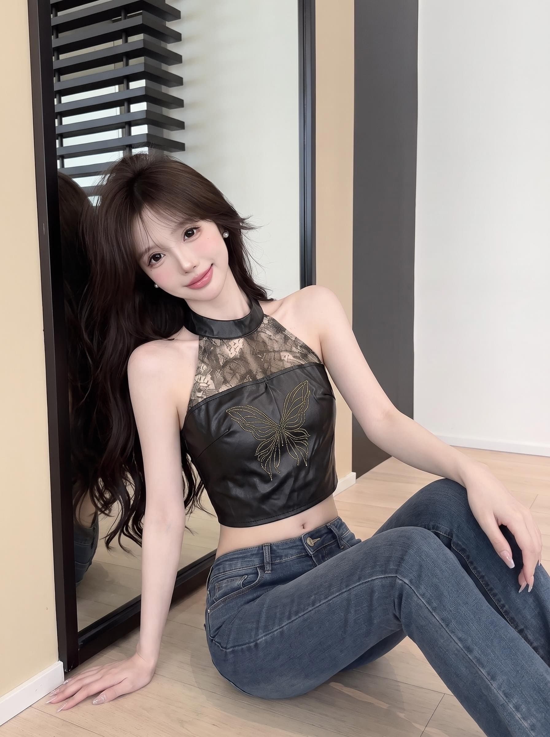 실사 정가 순수한 욕망 행침 목 피질 캐미솔 레이스 조각 핫픽스 나비 쇼트 스타일 이슬 허리 튜브탑 맨위 상세 이미지 2