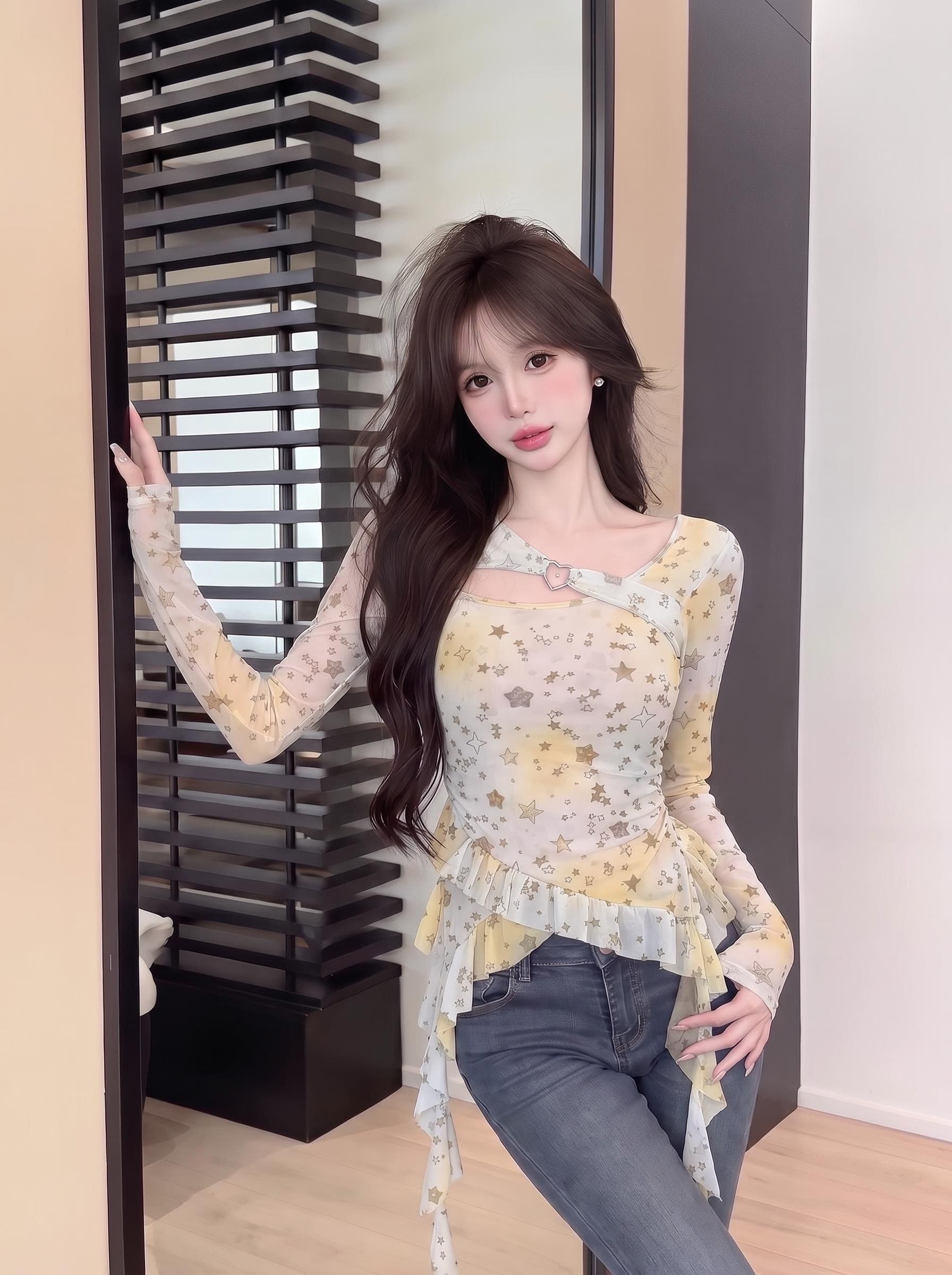 실사 정가 달콤한 자매 순수한 욕망 바람 시스루 별 셔츠 불규칙 프릴 허리 수축 기본 셔츠 이미지 2