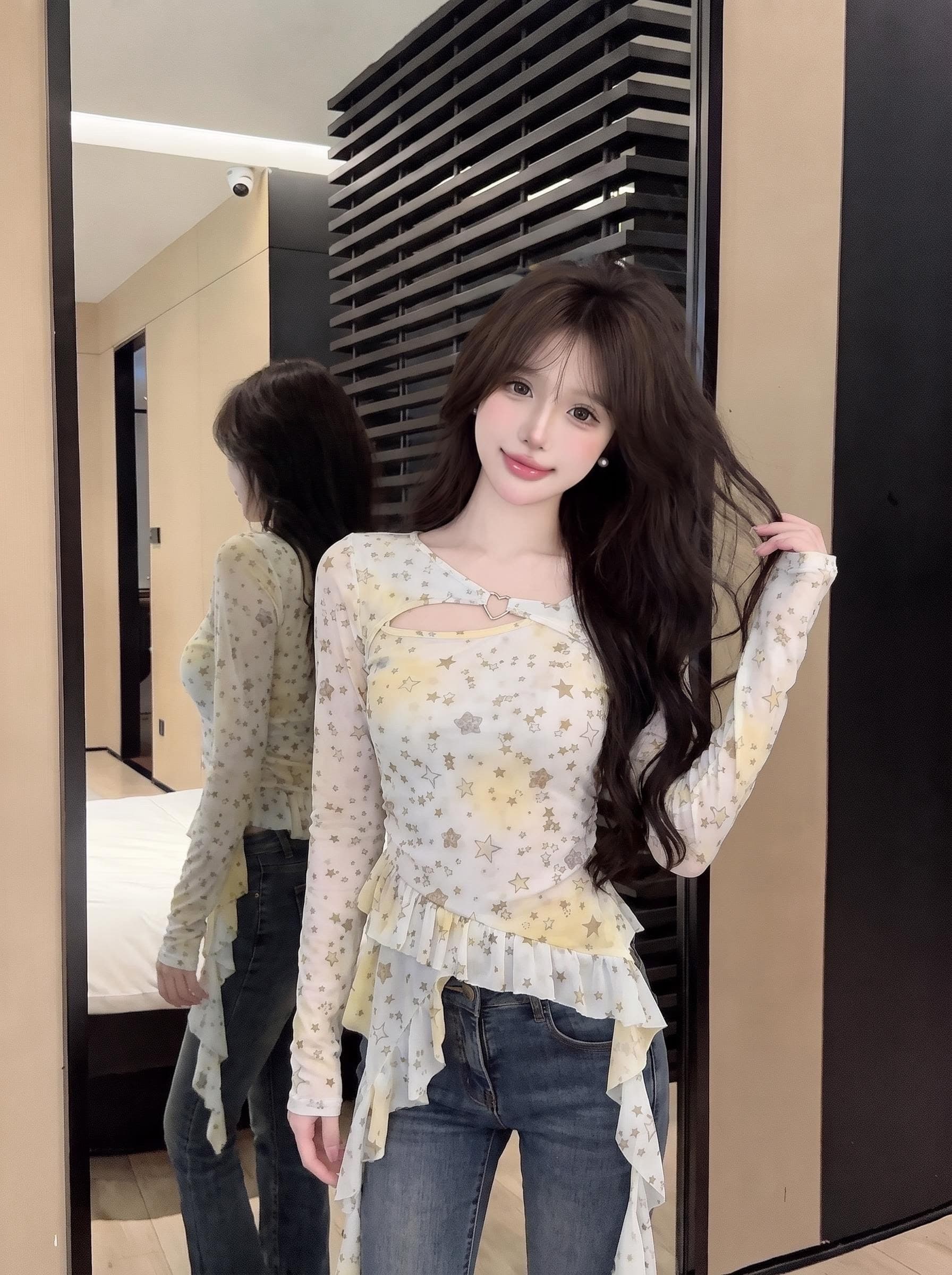 실사 정가 달콤한 자매 순수한 욕망 바람 시스루 별 셔츠 불규칙 프릴 허리 수축 기본 셔츠 이미지 4