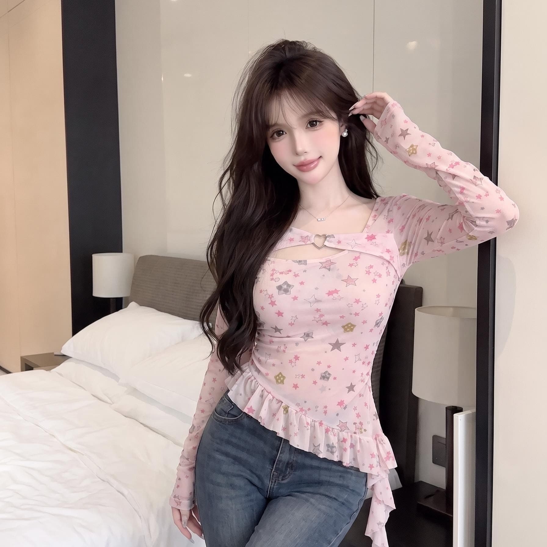 실사 정가 달콤한 자매 순수한 욕망 바람 시스루 별 셔츠 불규칙 프릴 허리 수축 기본 셔츠