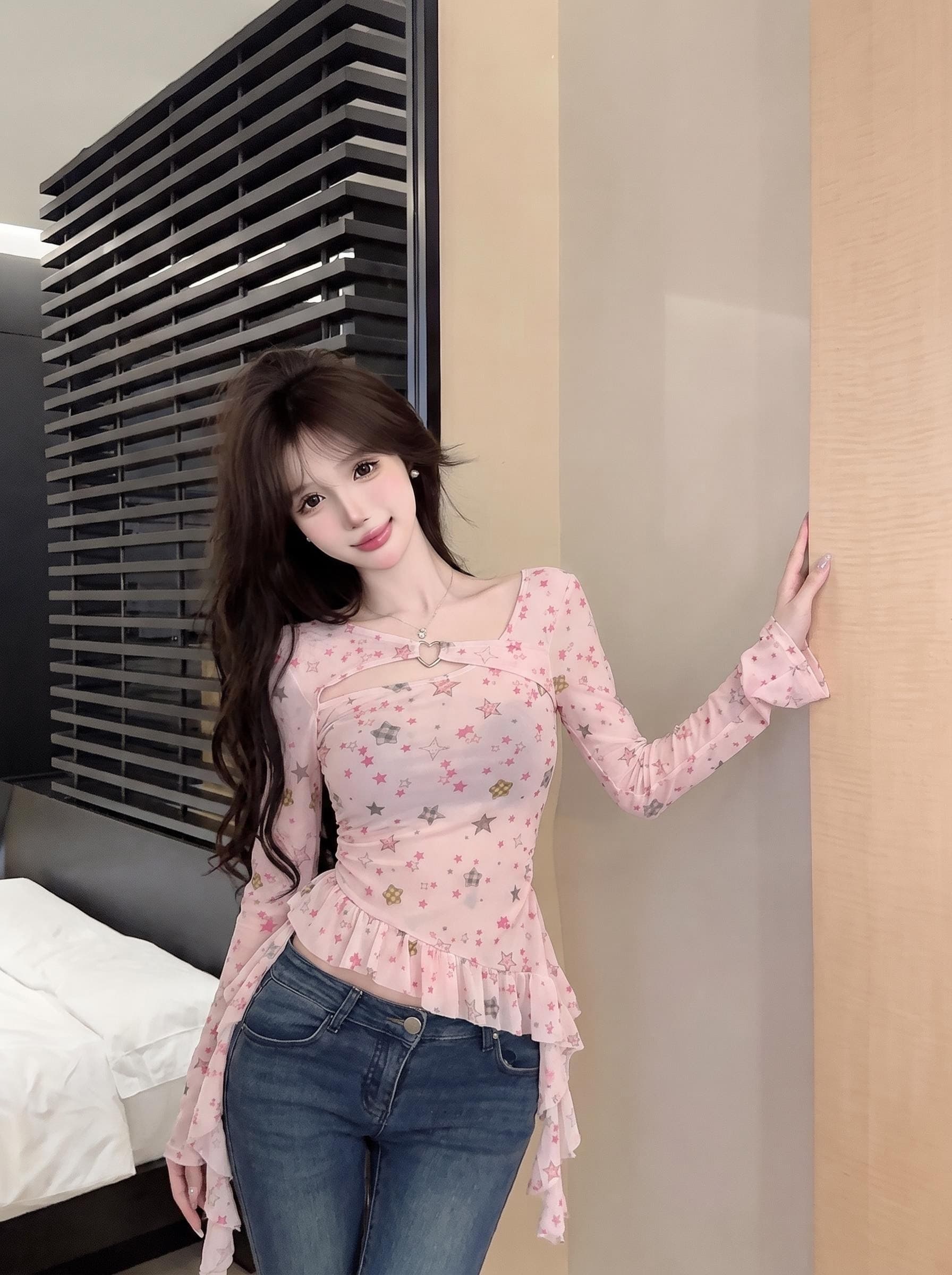 실사 정가 달콤한 자매 순수한 욕망 바람 시스루 별 셔츠 불규칙 프릴 허리 수축 기본 셔츠 상세 이미지 2