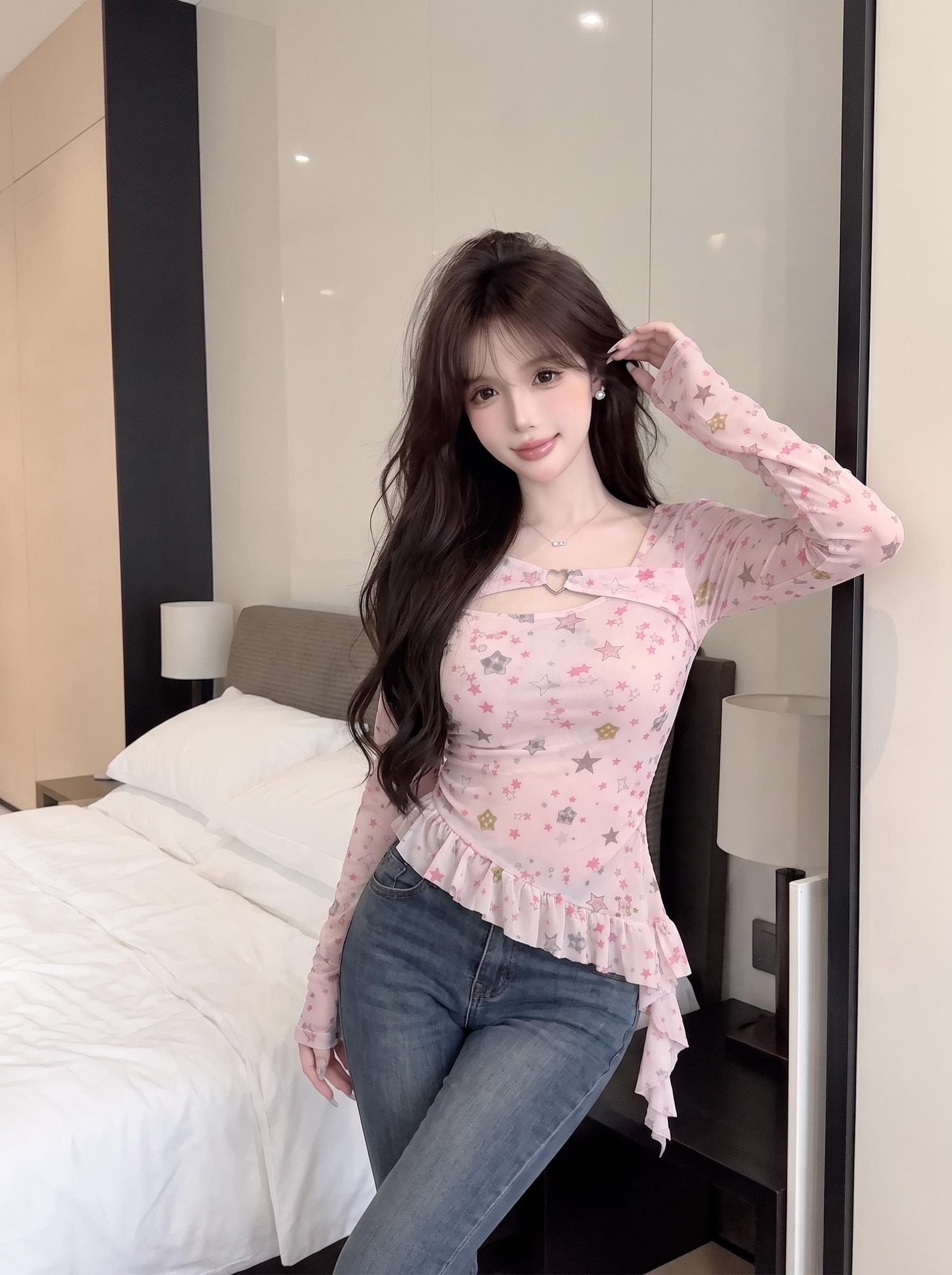실사 정가 달콤한 자매 순수한 욕망 바람 시스루 별 셔츠 불규칙 프릴 허리 수축 기본 셔츠 상세 이미지 10