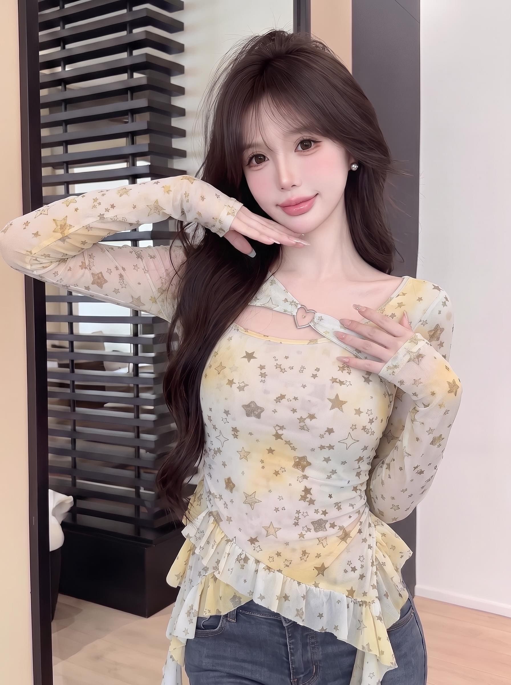 실사 정가 달콤한 자매 순수한 욕망 바람 시스루 별 셔츠 불규칙 프릴 허리 수축 기본 셔츠 상세 이미지 11