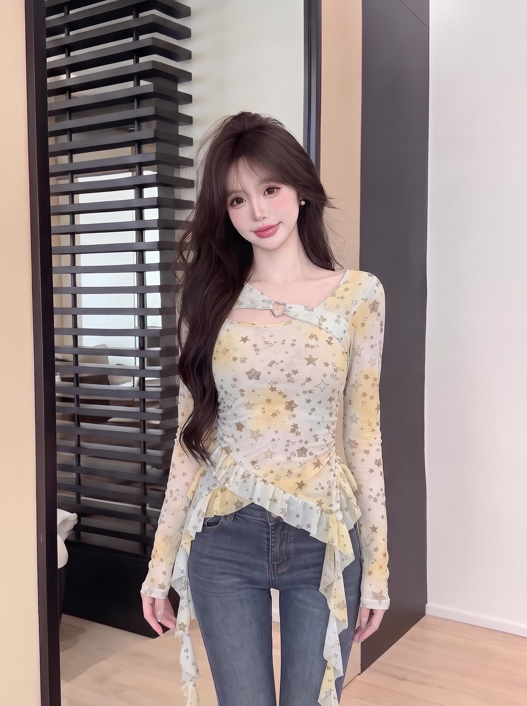 실사 정가 달콤한 자매 순수한 욕망 바람 시스루 별 셔츠 불규칙 프릴 허리 수축 기본 셔츠 상세 이미지 12
