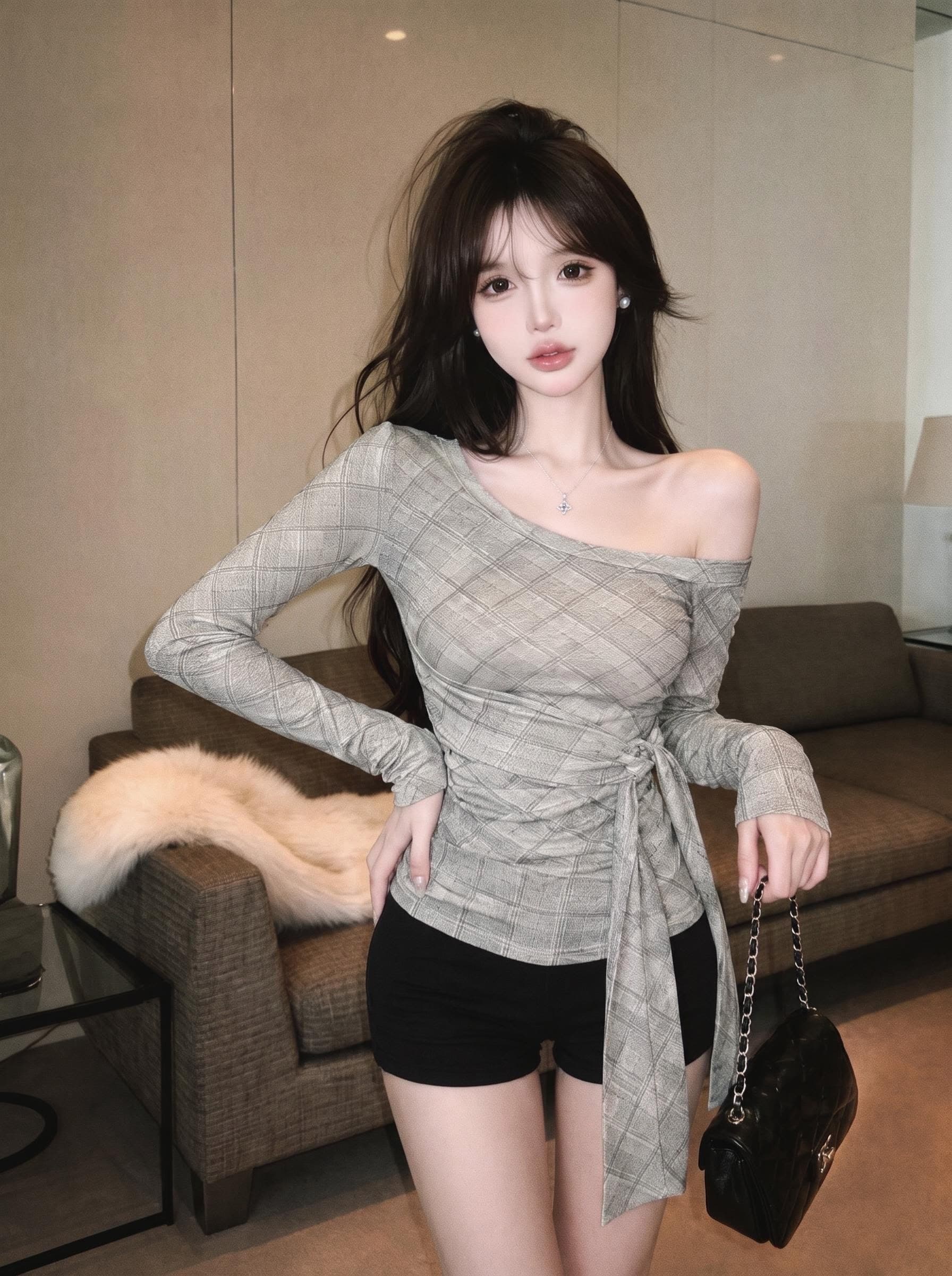 실사 정가 이른 가을 새로운 체크무늬 비스듬한 어깨 의류 순수한 욕망 분위기 센스 레이스업 허리 수축 슬림해 보이는 긴팔 기본 셔츠 이미지 3