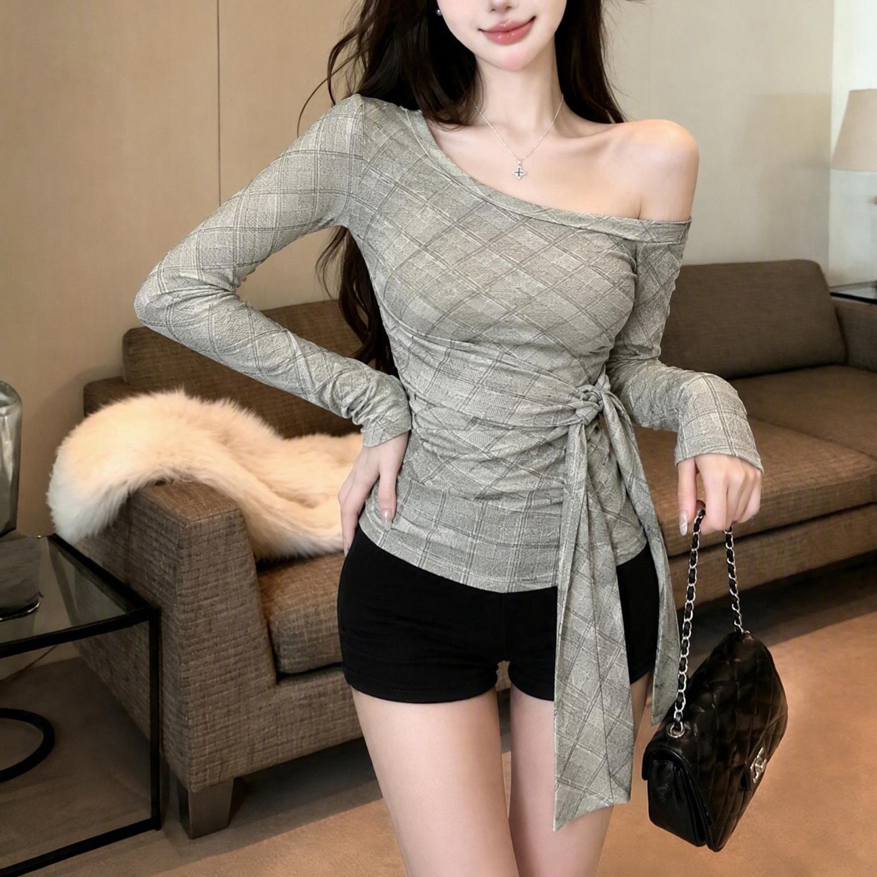실사 정가 이른 가을 새로운 체크무늬 비스듬한 어깨 의류 순수한 욕망 분위기 센스 레이스업 허리 수축 슬림해 보이는 긴팔 기본 셔츠 이미지 5