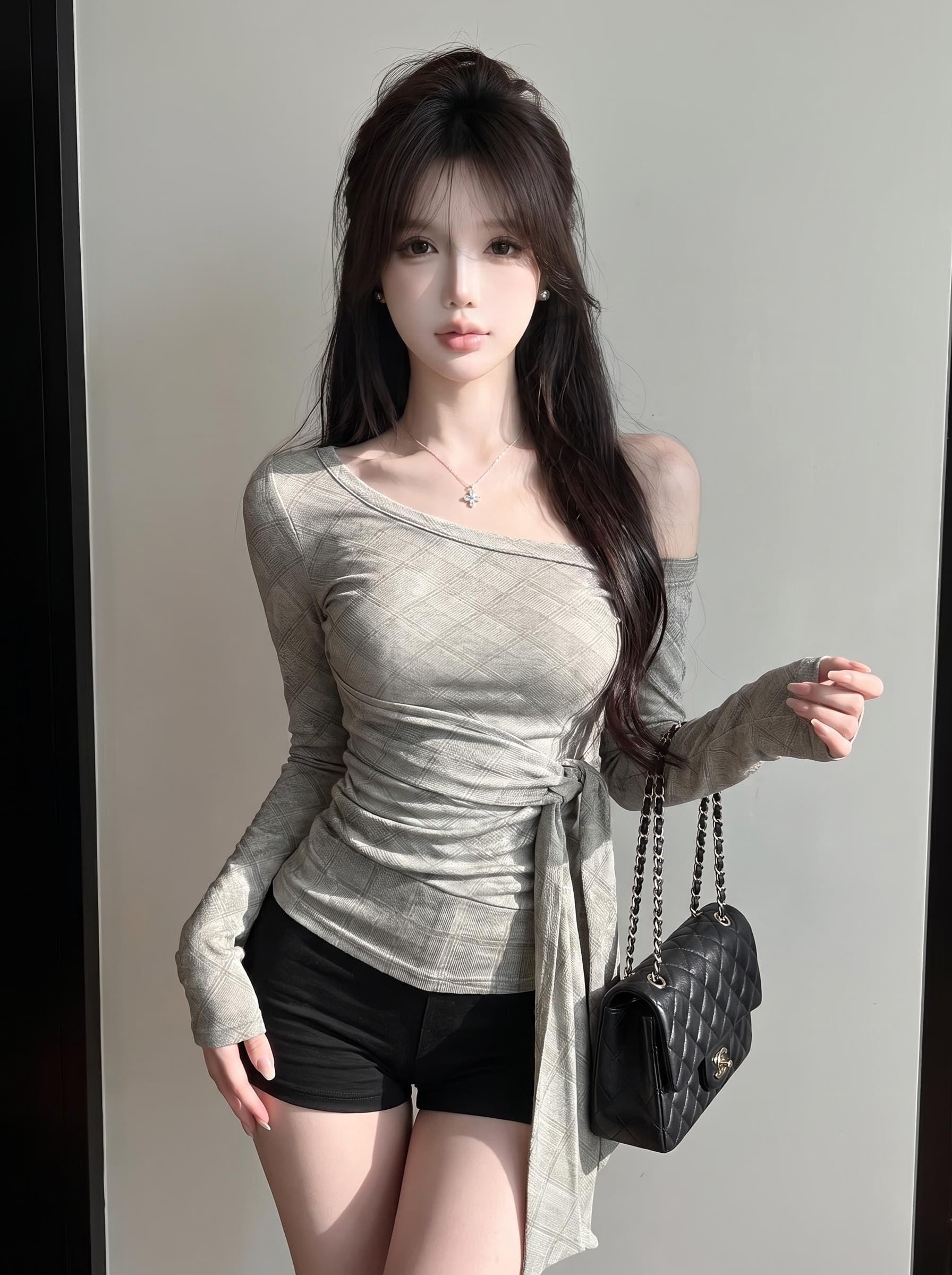 실사 정가 이른 가을 새로운 체크무늬 비스듬한 어깨 의류 순수한 욕망 분위기 센스 레이스업 허리 수축 슬림해 보이는 긴팔 기본 셔츠 상세 이미지 4