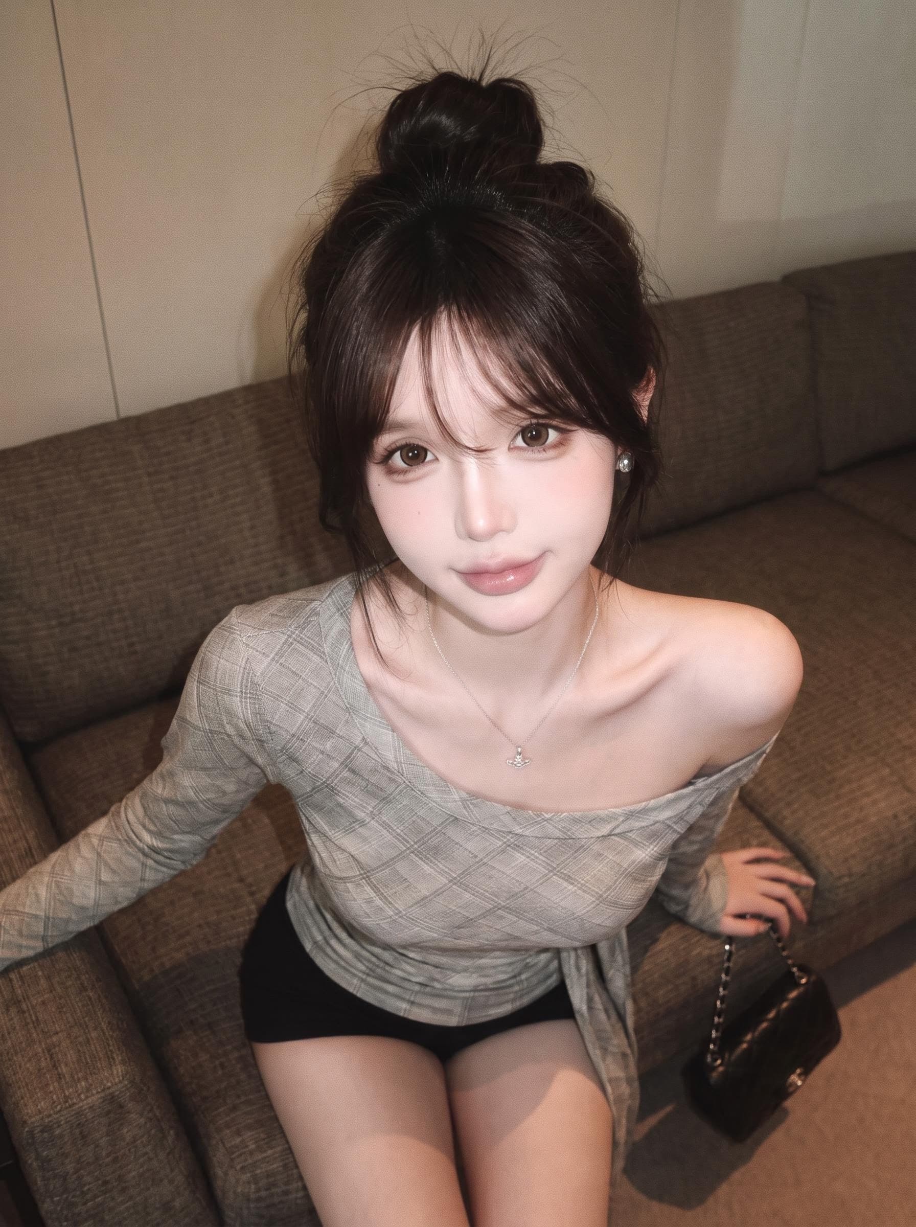 실사 정가 이른 가을 새로운 체크무늬 비스듬한 어깨 의류 순수한 욕망 분위기 센스 레이스업 허리 수축 슬림해 보이는 긴팔 기본 셔츠 상세 이미지 9
