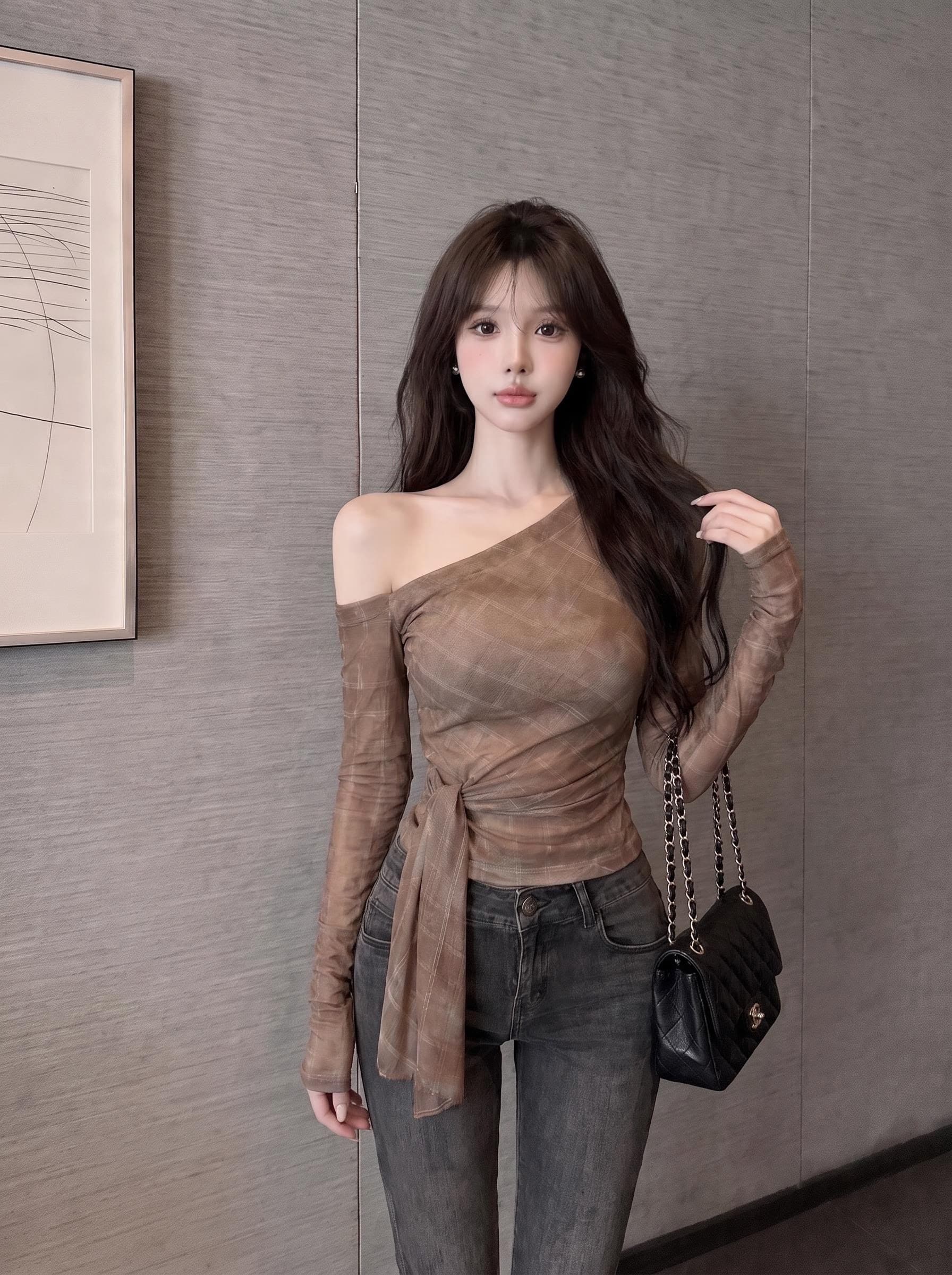 실사 정가 이른 가을 새로운 체크무늬 비스듬한 어깨 의류 순수한 욕망 분위기 센스 레이스업 허리 수축 슬림해 보이는 긴팔 기본 셔츠 상세 이미지 12