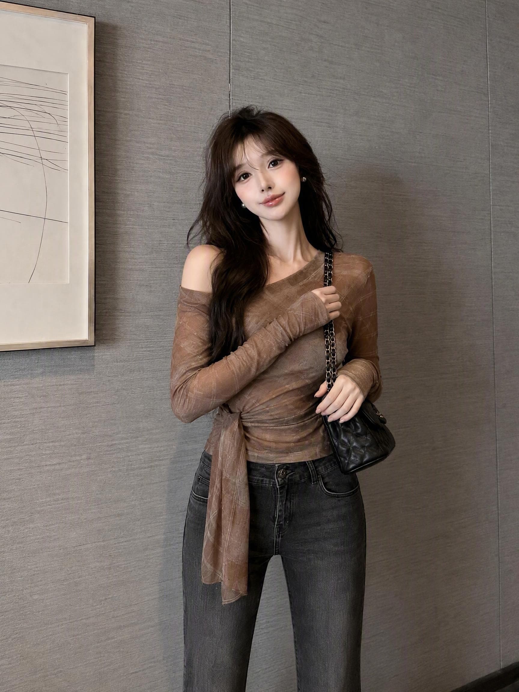 실사 정가 이른 가을 새로운 체크무늬 비스듬한 어깨 의류 순수한 욕망 분위기 센스 레이스업 허리 수축 슬림해 보이는 긴팔 기본 셔츠 상세 이미지 14