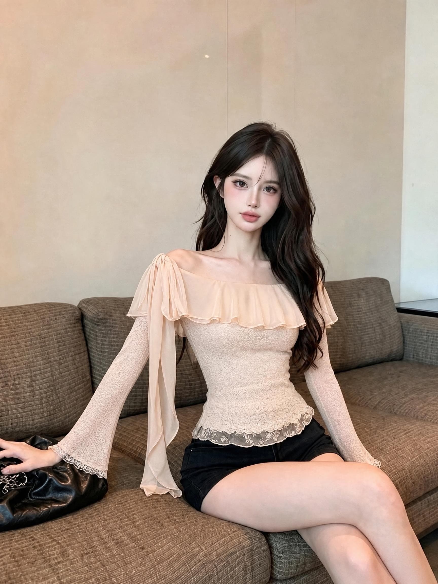 실사 정가 순수한 욕망 비스듬한 어깨 프릴 맨위 여성 레이스 나팔 소매 허리 수축 슬림해 보이는 불규칙 리본 작은 셔츠 상세 이미지 2