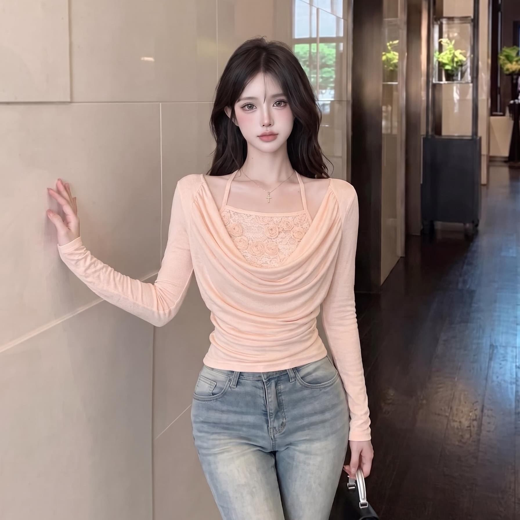 실사 정가 순수한 욕망 흔들다 칼라 행침 목 페이크 레이어드 맨위 3 차원 장미 슬립 패치워크 주름 허리 수축 작은 셔츠 이미지 5