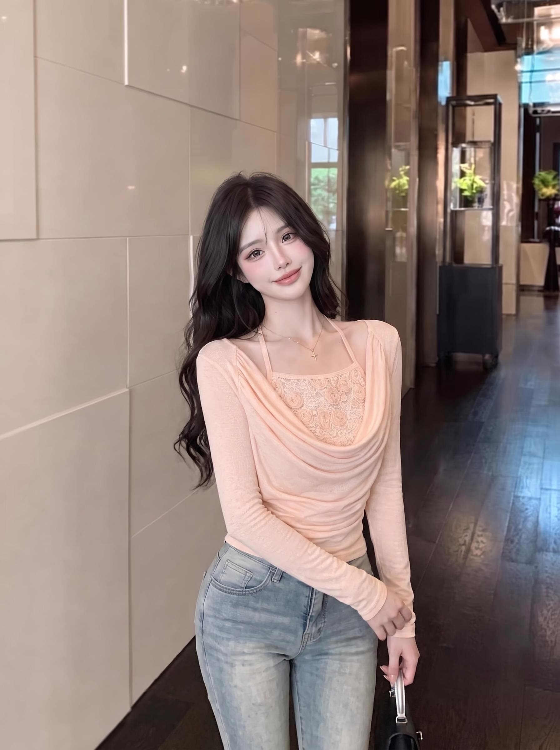 실사 정가 순수한 욕망 흔들다 칼라 행침 목 페이크 레이어드 맨위 3 차원 장미 슬립 패치워크 주름 허리 수축 작은 셔츠 상세 이미지 6