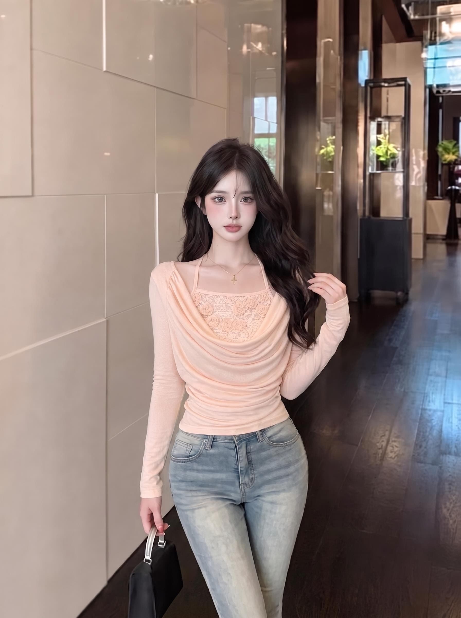 실사 정가 순수한 욕망 흔들다 칼라 행침 목 페이크 레이어드 맨위 3 차원 장미 슬립 패치워크 주름 허리 수축 작은 셔츠 상세 이미지 8