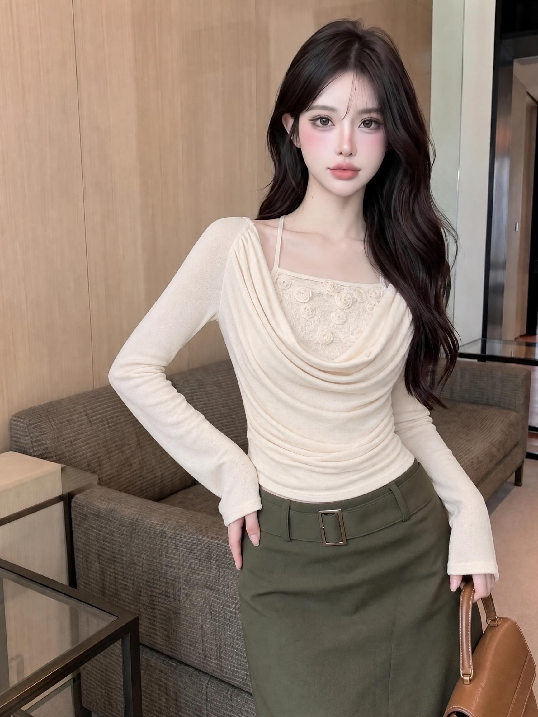 실사 정가 순수한 욕망 흔들다 칼라 행침 목 페이크 레이어드 맨위 3 차원 장미 슬립 패치워크 주름 허리 수축 작은 셔츠 상세 이미지 9