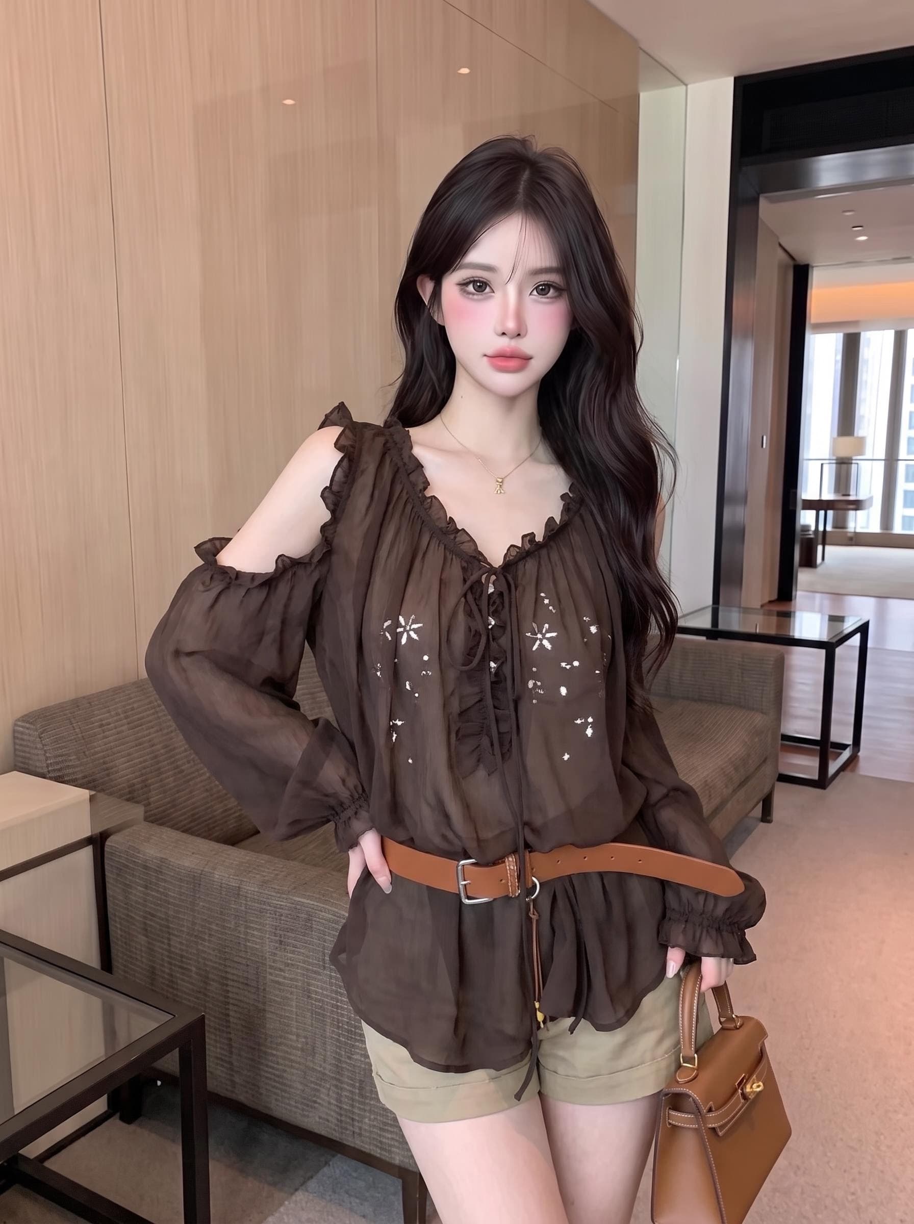 실사 정가 프랑스식 오프숄더 쉬폰 셔츠 프릴 V넥 레이스업 얇은 스타일 자수 긴팔 맨위 벨트 포함 상세 이미지 9