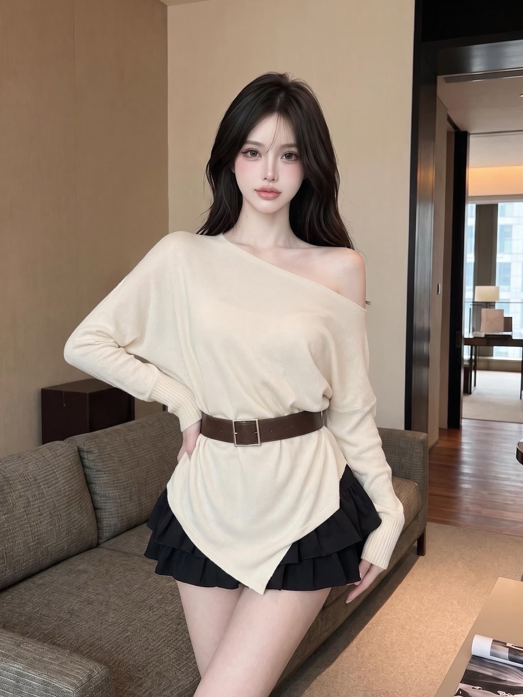 실사 정가 순수한 욕망 한 단어 비스듬한 어깨 니트 스웨터 여성 디자인 센스 불규칙 밑단 루즈핏 경기 벨트 맨위