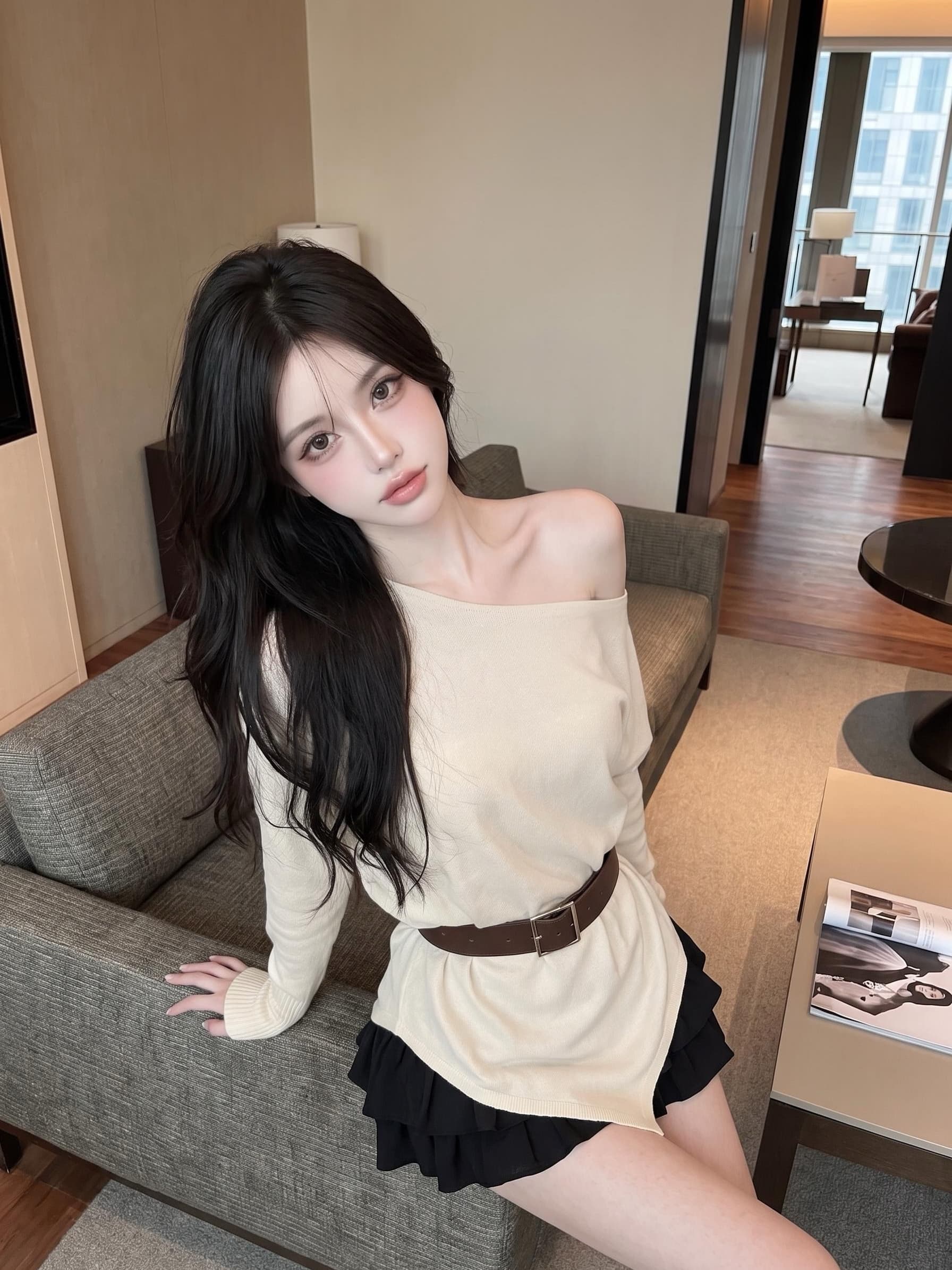실사 정가 순수한 욕망 한 단어 비스듬한 어깨 니트 스웨터 여성 디자인 센스 불규칙 밑단 루즈핏 경기 벨트 맨위 상세 이미지 4