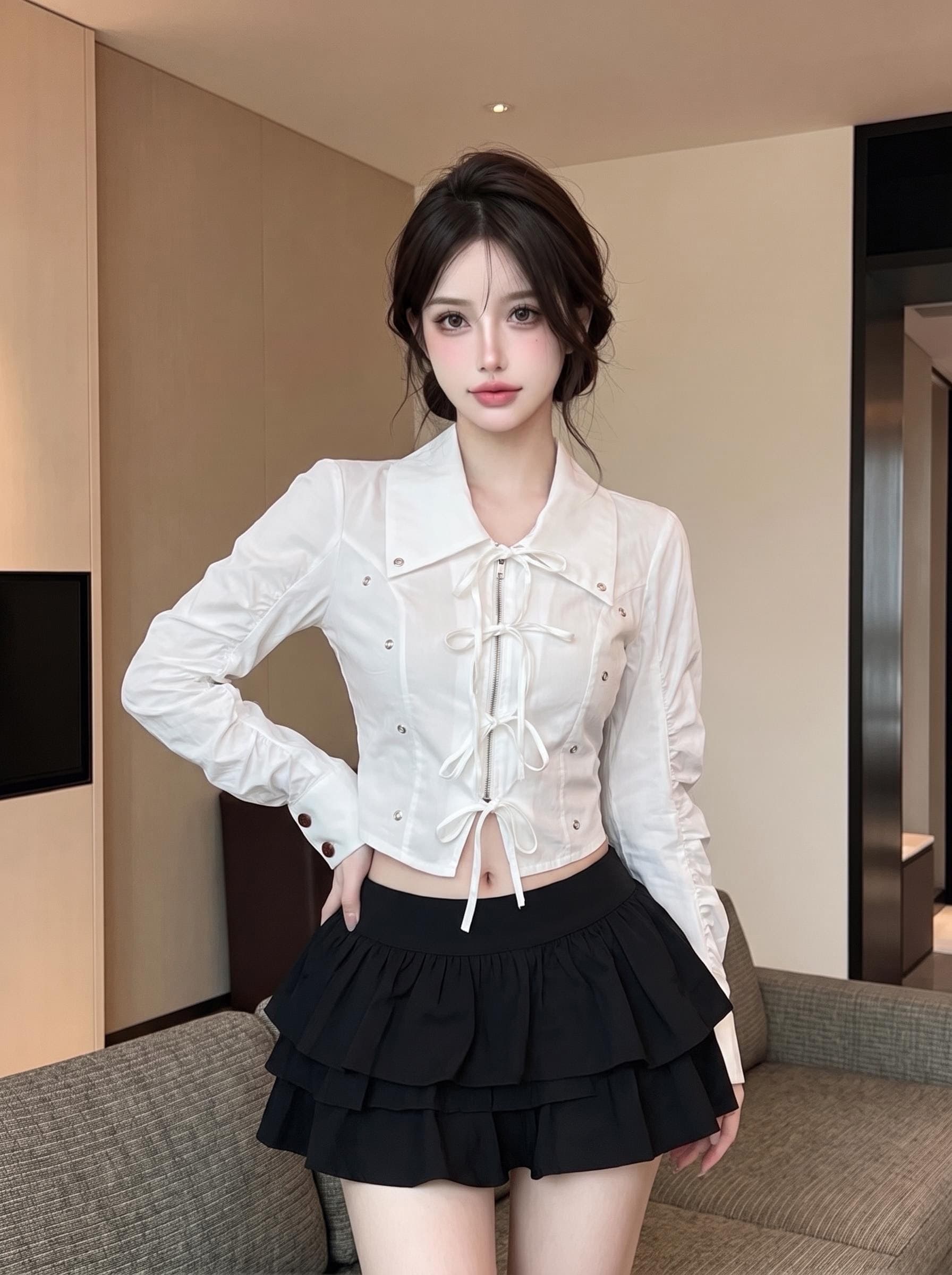 실사 정가 순수한 욕망 달콤한 차가운 폴로 칼라 쇼트 스타일 여성 셔츠 스트랩 지퍼 징 몸매 가꾸기 슬림해 보이는 긴팔 맨위 이미지 3