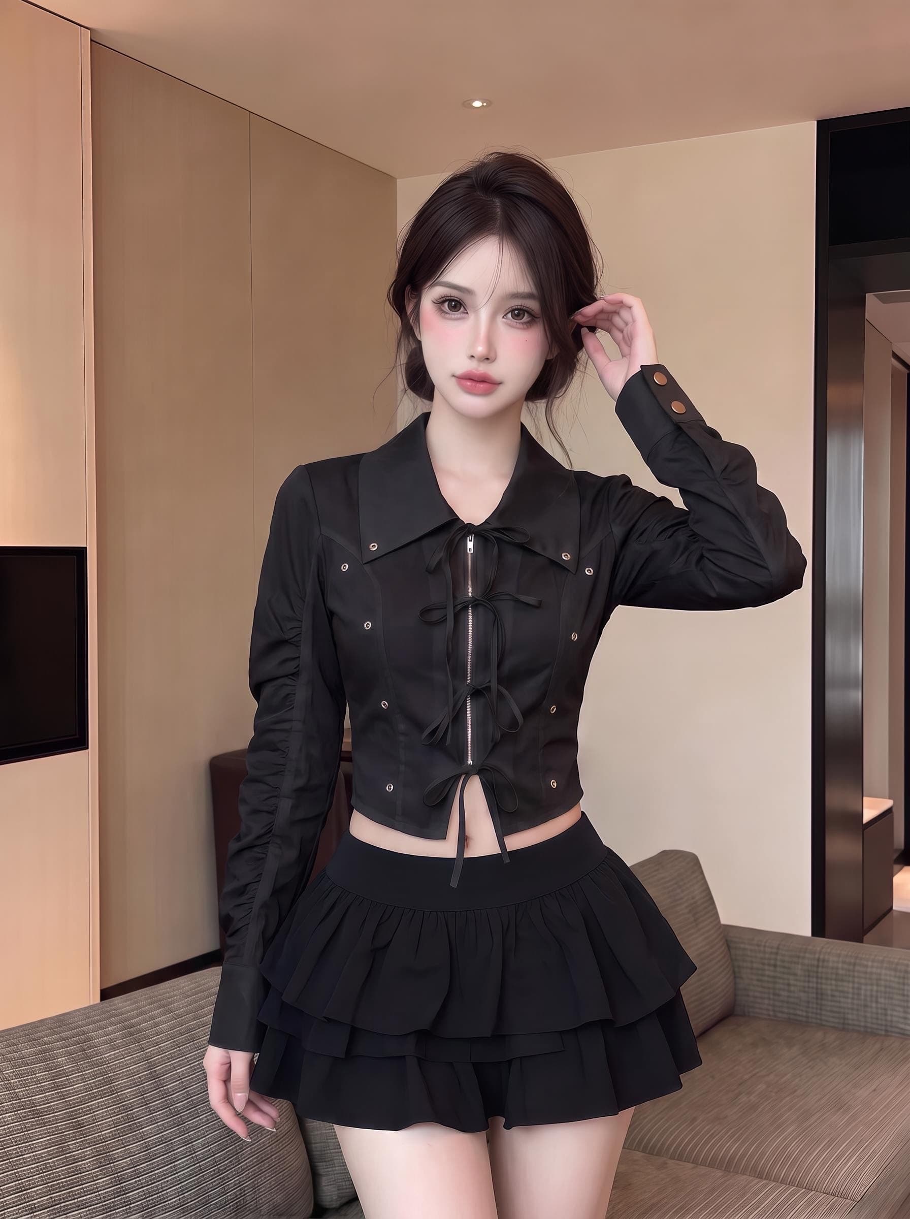 실사 정가 순수한 욕망 달콤한 차가운 폴로 칼라 쇼트 스타일 여성 셔츠 스트랩 지퍼 징 몸매 가꾸기 슬림해 보이는 긴팔 맨위 상세 이미지 12