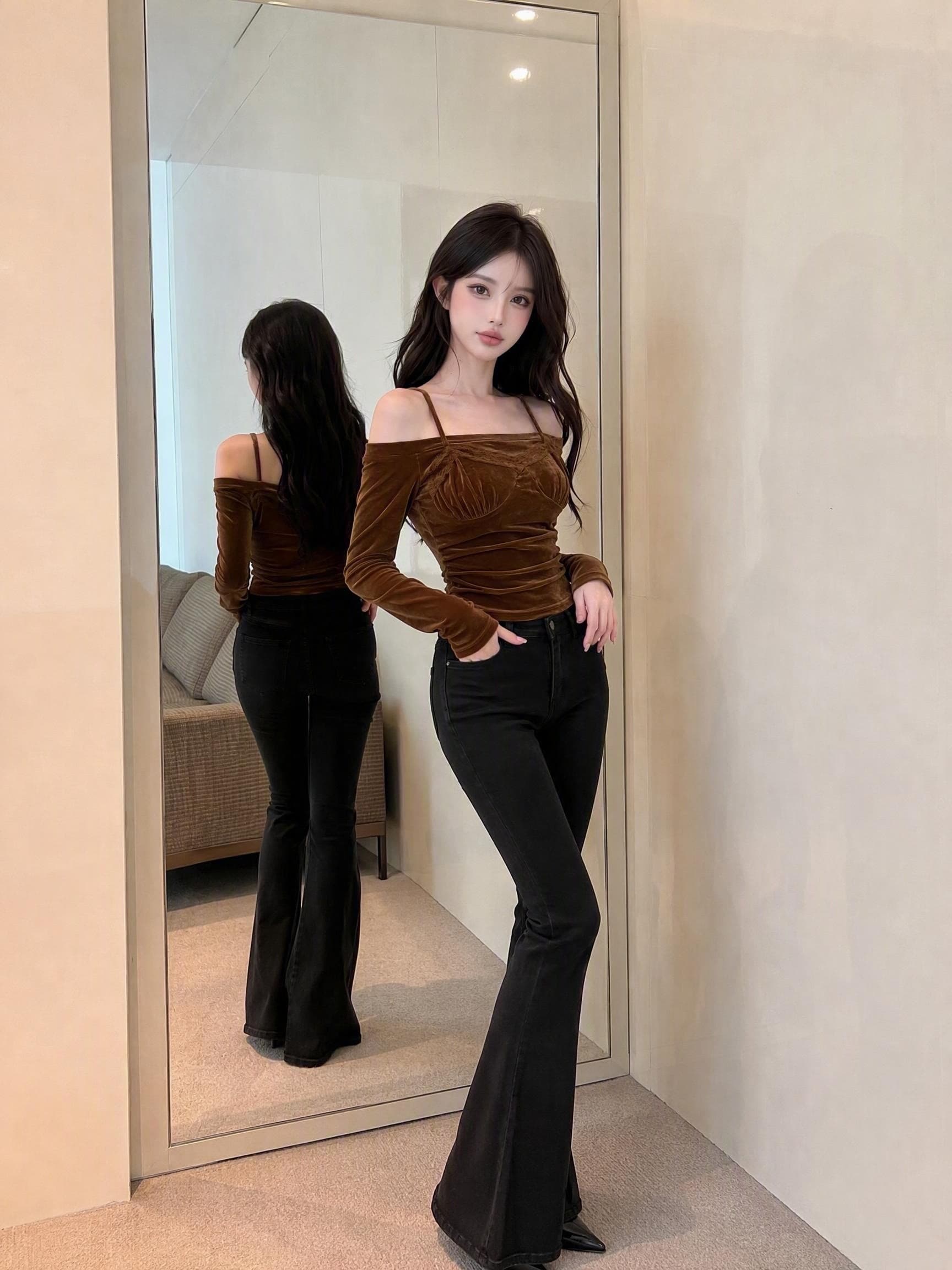 실사 정가 순수한 욕망 오프숄더 벨벳 맨위 레이스 조각 슬립 오프숄더 몸매 가꾸기 슬림해 보이는 긴팔 기본 셔츠 상세 이미지 8