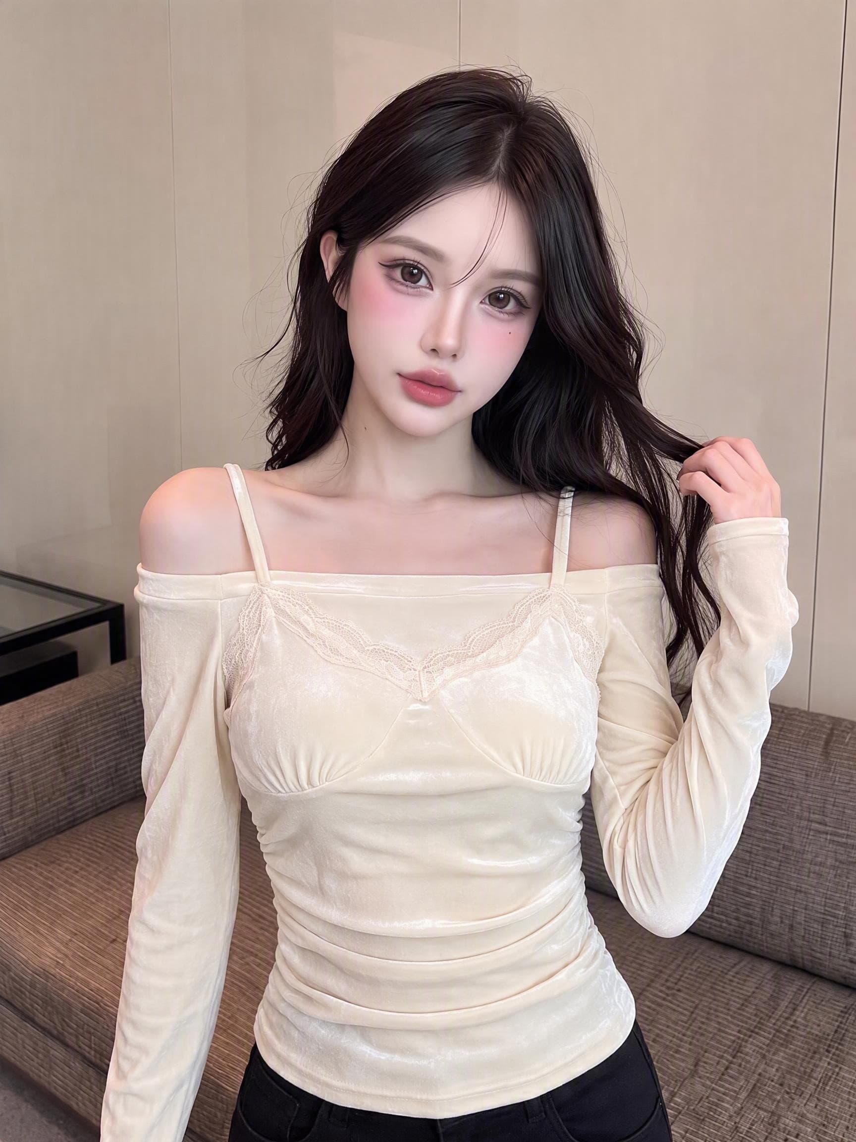 실사 정가 순수한 욕망 오프숄더 벨벳 맨위 레이스 조각 슬립 오프숄더 몸매 가꾸기 슬림해 보이는 긴팔 기본 셔츠 상세 이미지 10