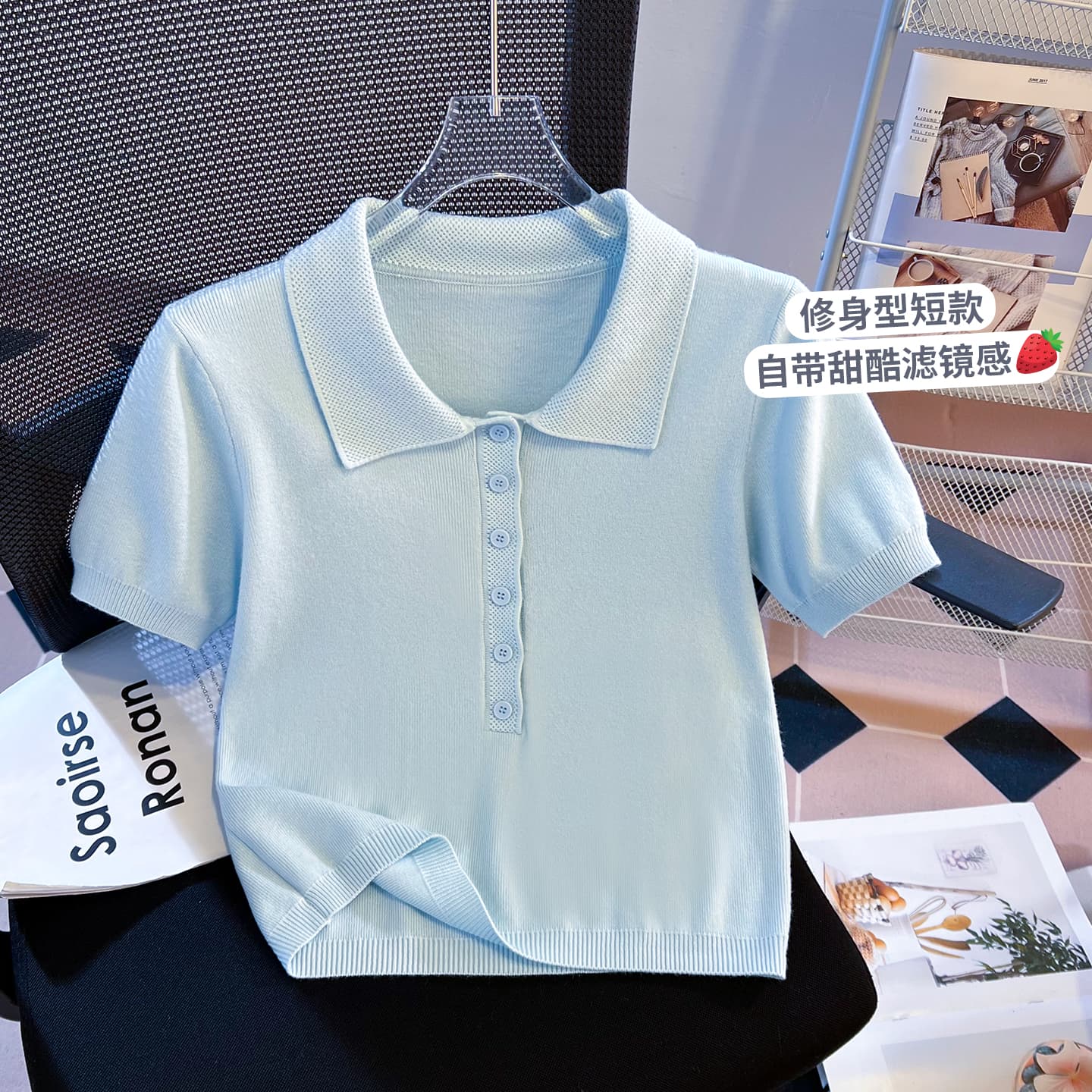 실사 레트로 POLO 칼라 반팔 니트 스웨터 여성 여름 2026 새로운 미니멀리즘 휴식 작은 키 쇼트 스타일 맨위 이미지 2