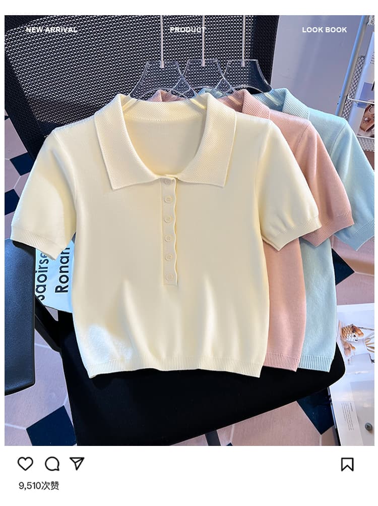 실사 레트로 POLO 칼라 반팔 니트 스웨터 여성 여름 2026 새로운 미니멀리즘 휴식 작은 키 쇼트 스타일 맨위 상세 이미지 3