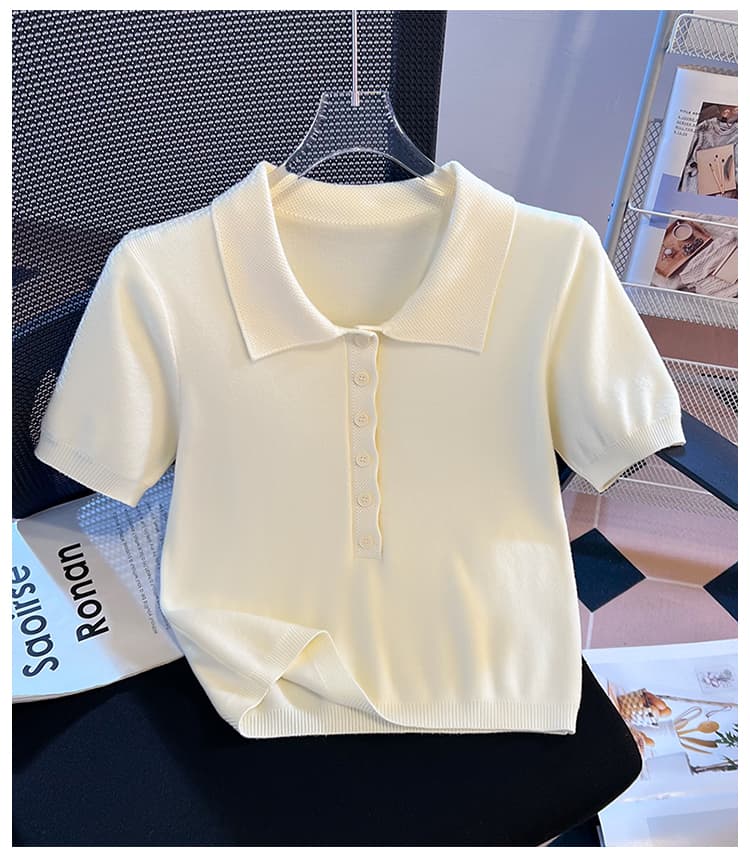 실사 레트로 POLO 칼라 반팔 니트 스웨터 여성 여름 2026 새로운 미니멀리즘 휴식 작은 키 쇼트 스타일 맨위 상세 이미지 14