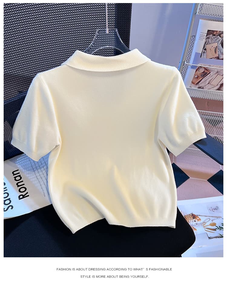 실사 레트로 POLO 칼라 반팔 니트 스웨터 여성 여름 2026 새로운 미니멀리즘 휴식 작은 키 쇼트 스타일 맨위 상세 이미지 17