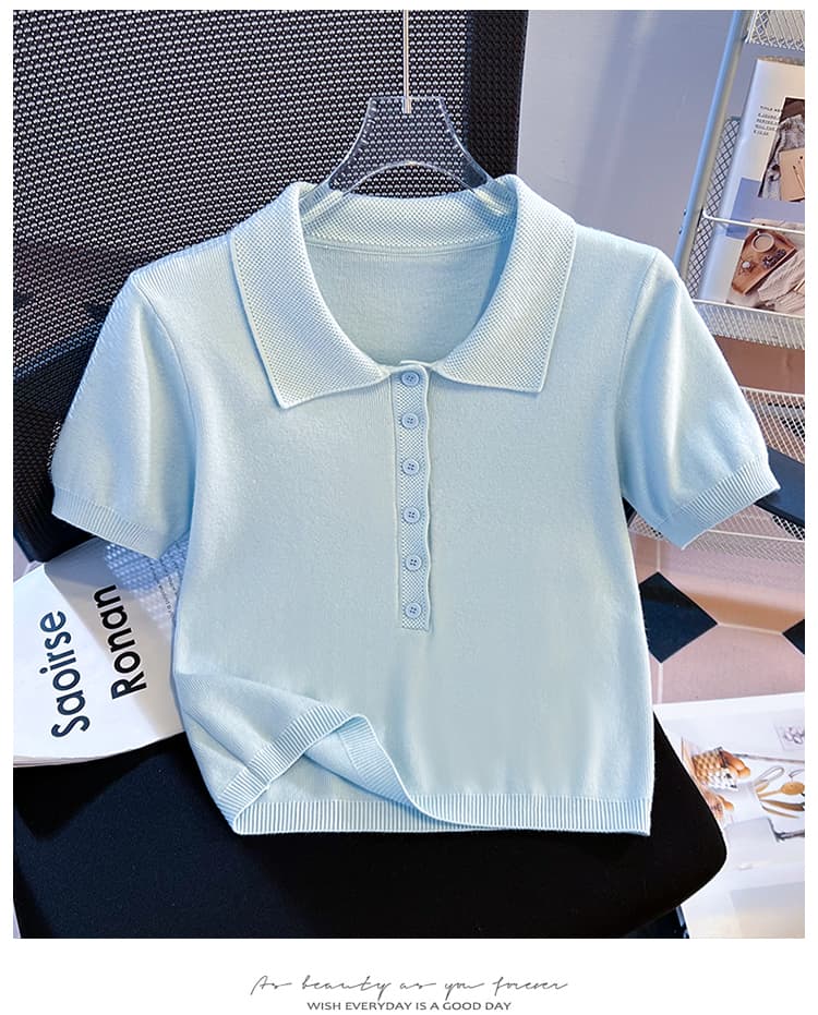 실사 레트로 POLO 칼라 반팔 니트 스웨터 여성 여름 2026 새로운 미니멀리즘 휴식 작은 키 쇼트 스타일 맨위 상세 이미지 20