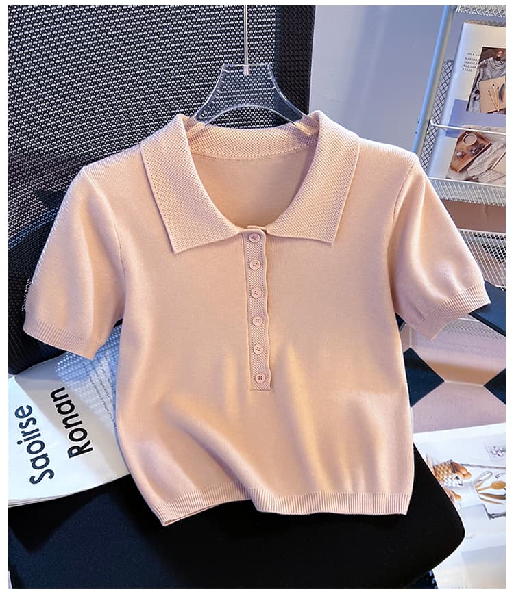 실사 레트로 POLO 칼라 반팔 니트 스웨터 여성 여름 2026 새로운 미니멀리즘 휴식 작은 키 쇼트 스타일 맨위 상세 이미지 24