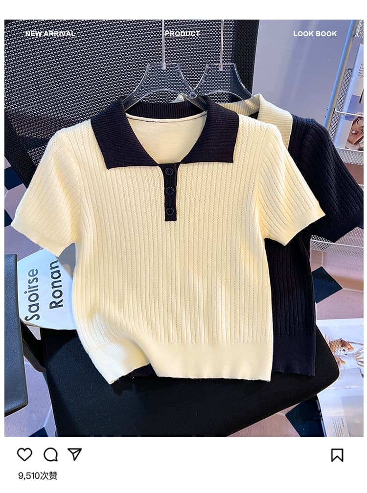실사 POLO 셔츠 반팔 니트 스웨터 여성 2026 여름 고급 센스 긍정적 인 어깨 화이트 티셔츠 디자인 센스 쇼트 스타일 맨위 상세 이미지 3