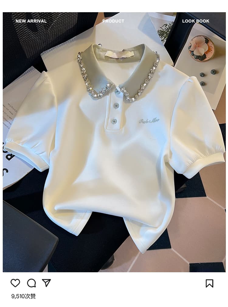 실사 무거운 작업 패치워크 페이크 레이어드 POLO 칼라 반팔 티셔츠 여성 2026 새로운 학원 스타일 작은 키 짧은 맨위 상세 이미지 3