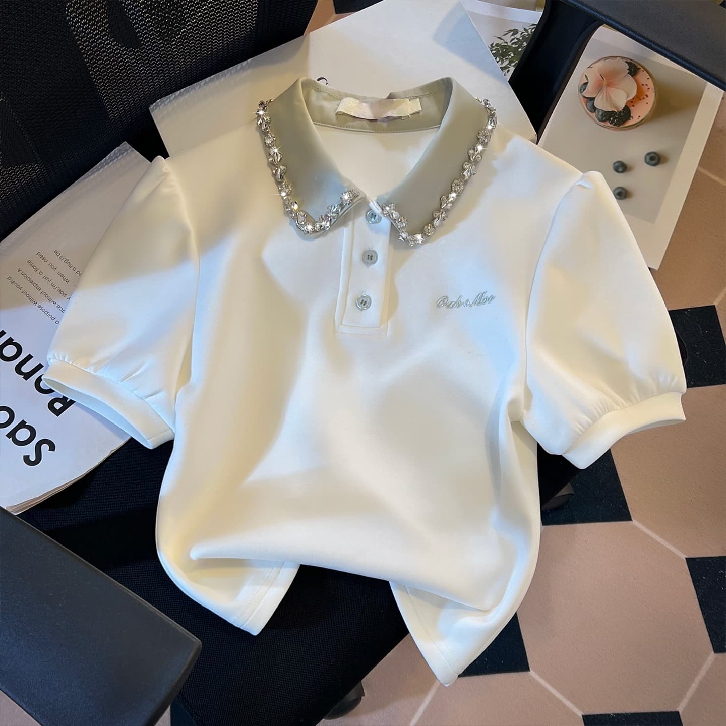 실사 무거운 작업 패치워크 페이크 레이어드 POLO 칼라 반팔 티셔츠 여성 2026 새로운 학원 스타일 작은 키 짧은 맨위 이미지 2