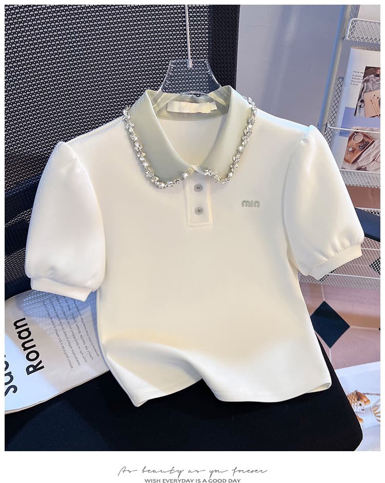 실사 miu 부서 패션 화이트 무거운 작업 비즈 박기 POLO 칼라 반팔 티셔츠 여성 2026 작은 키 학원 스타일 맨위 상세 이미지 14