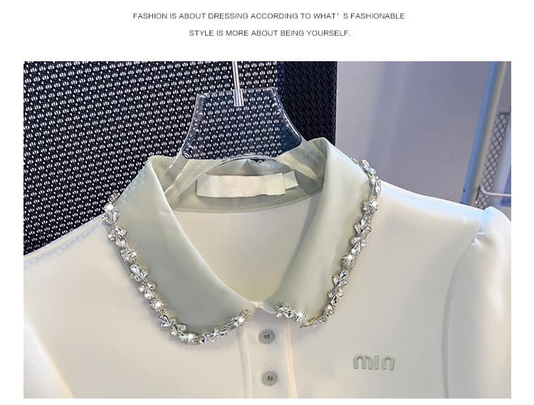 실사 miu 부서 패션 화이트 무거운 작업 비즈 박기 POLO 칼라 반팔 티셔츠 여성 2026 작은 키 학원 스타일 맨위 상세 이미지 18