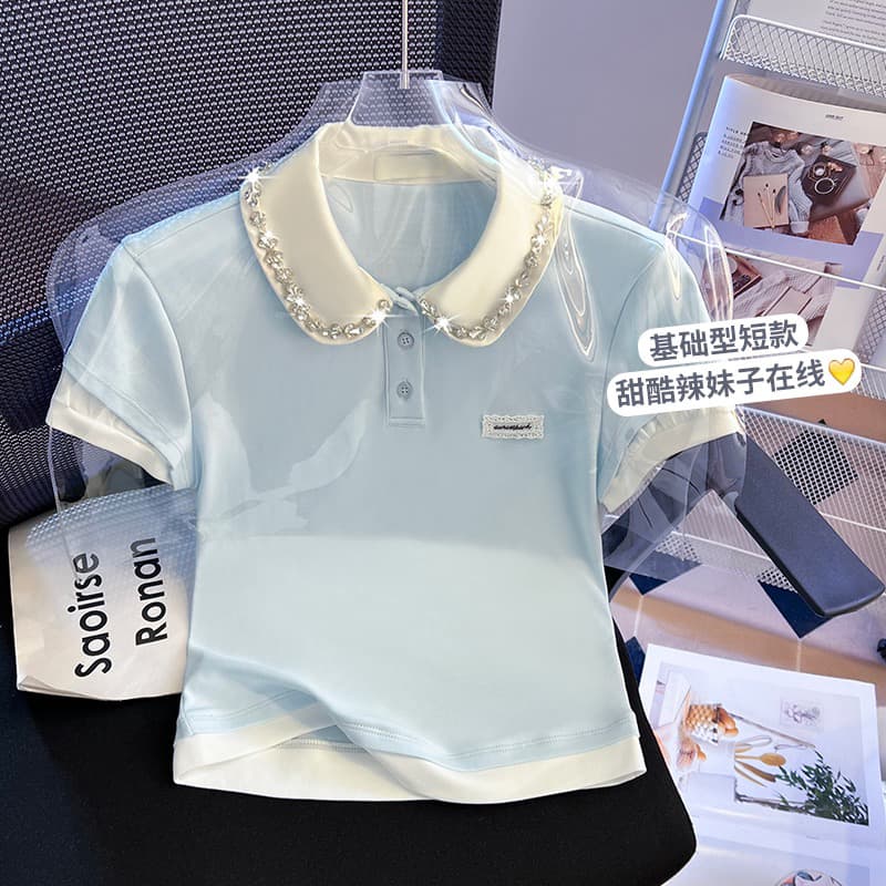 실사 2026 패치워크 페이크 레이어드 polo 스와로브스키 칼라 반팔 티셔츠 여성 여름 섹션 쇼트 스타일 허리 수축 베이비 칼라 맨위 이미지 2