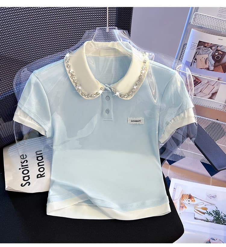 실사 2026 패치워크 페이크 레이어드 polo 스와로브스키 칼라 반팔 티셔츠 여성 여름 섹션 쇼트 스타일 허리 수축 베이비 칼라 맨위 상세 이미지 15