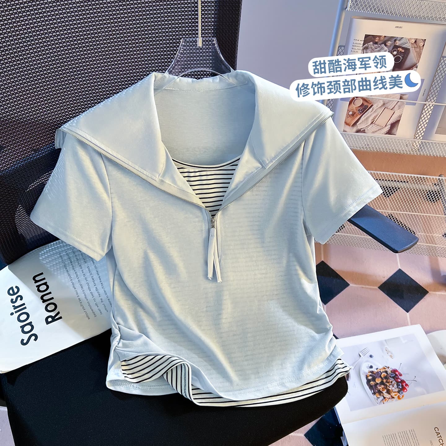 실사 한 부서 디자인 센스 배색 페이크 레이어드 해군 칼라 반팔 티셔츠 여성 여름 폭발 패션 작은 셔츠 맨위 이미지 2