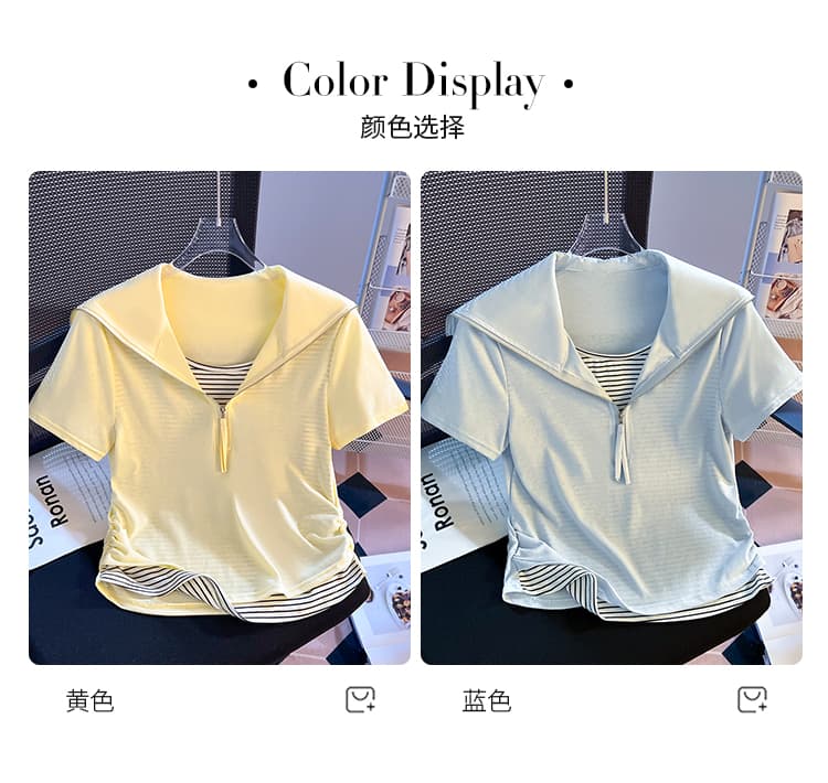 실사 한 부서 디자인 센스 배색 페이크 레이어드 해군 칼라 반팔 티셔츠 여성 여름 폭발 패션 작은 셔츠 맨위 상세 이미지 11