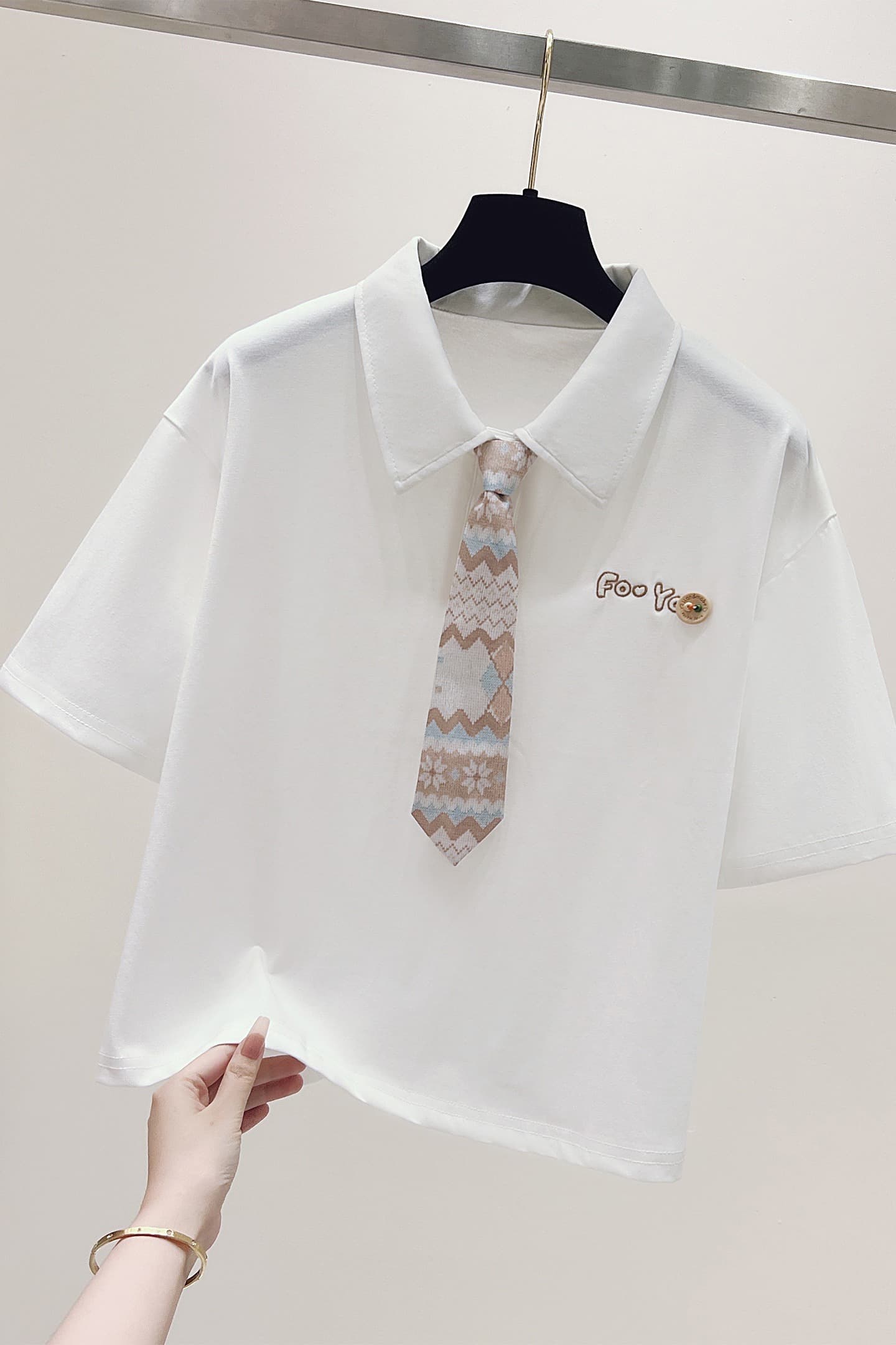 실사 학원 스타일 넥타이 POLO 칼라 반팔 티셔츠 여성 2026 년 여름 루즈핏 쇼트 스타일 맨위 반소매 동정 이미지 6