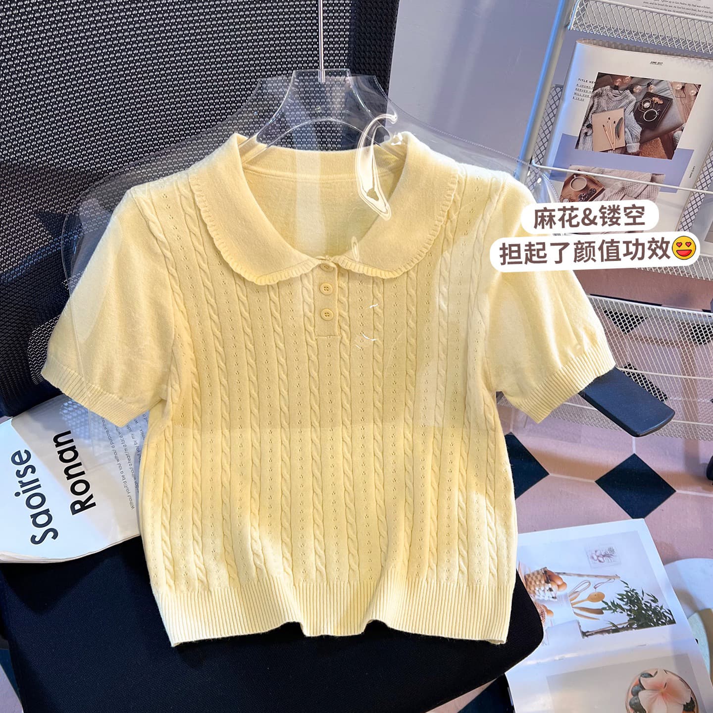 실사 니트 POLO 칼라 반팔 티셔츠 여성 여름 2026 새로운 긍정적 인 어깨 몸매 가꾸기 슬림해 보이는 작은 키 맨위 이미지 2