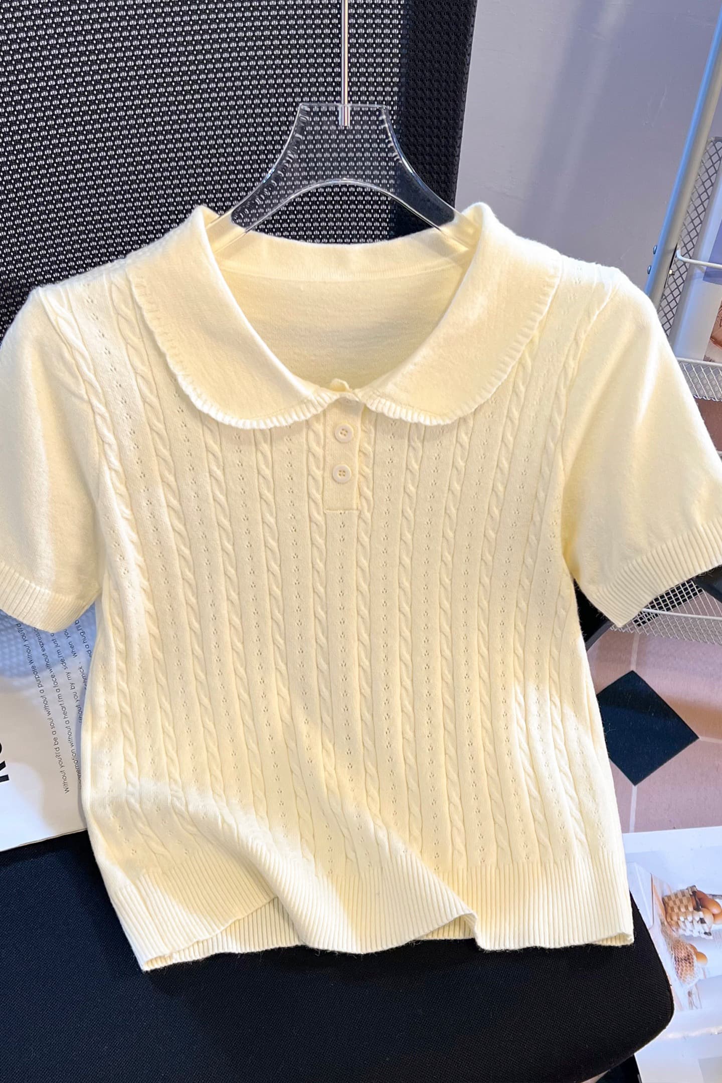 실사 니트 POLO 칼라 반팔 티셔츠 여성 여름 2026 새로운 긍정적 인 어깨 몸매 가꾸기 슬림해 보이는 작은 키 맨위 이미지 6